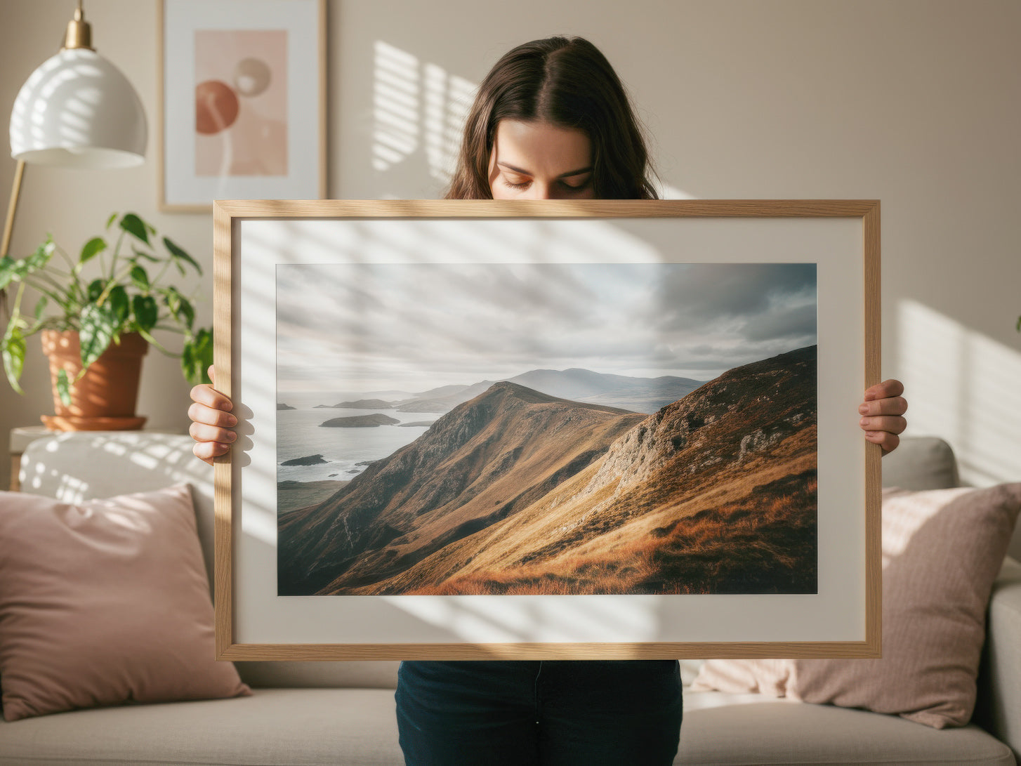Before and after comparison of a low-resolution photo upscaled into a high-quality fine art print for wall display