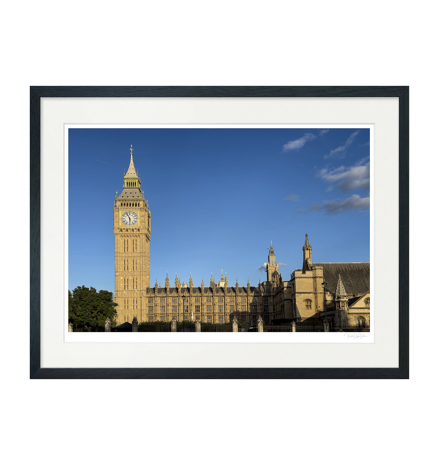 Black wood framed Big Ben London wall art with white mount, fine art giclée print on Hahnemühle paper