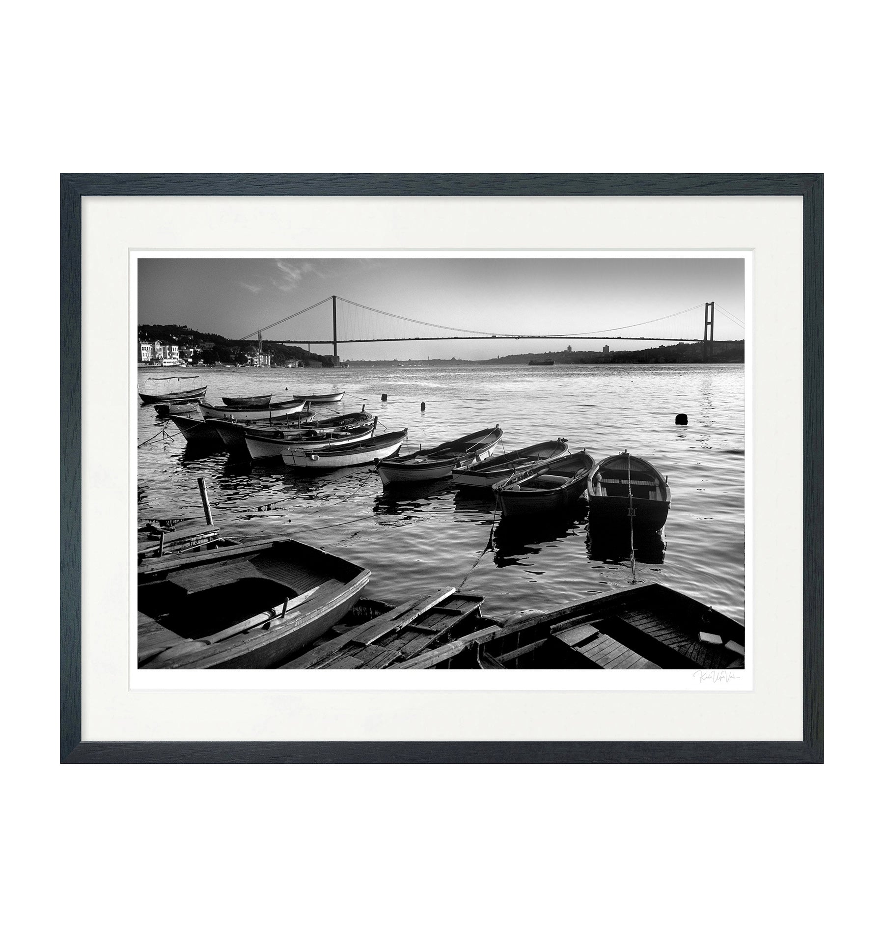 Black and white framed wall art print of Istanbul Bosphorus with fishing boats and bridge – limited edition fine art
