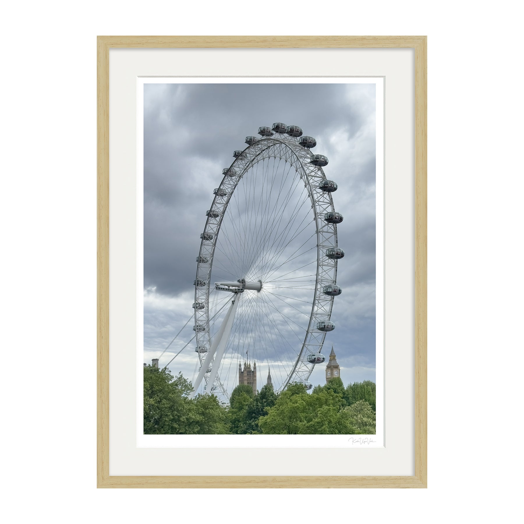 London Eye wall art in natural wood frame with white mount, fine art photography print
