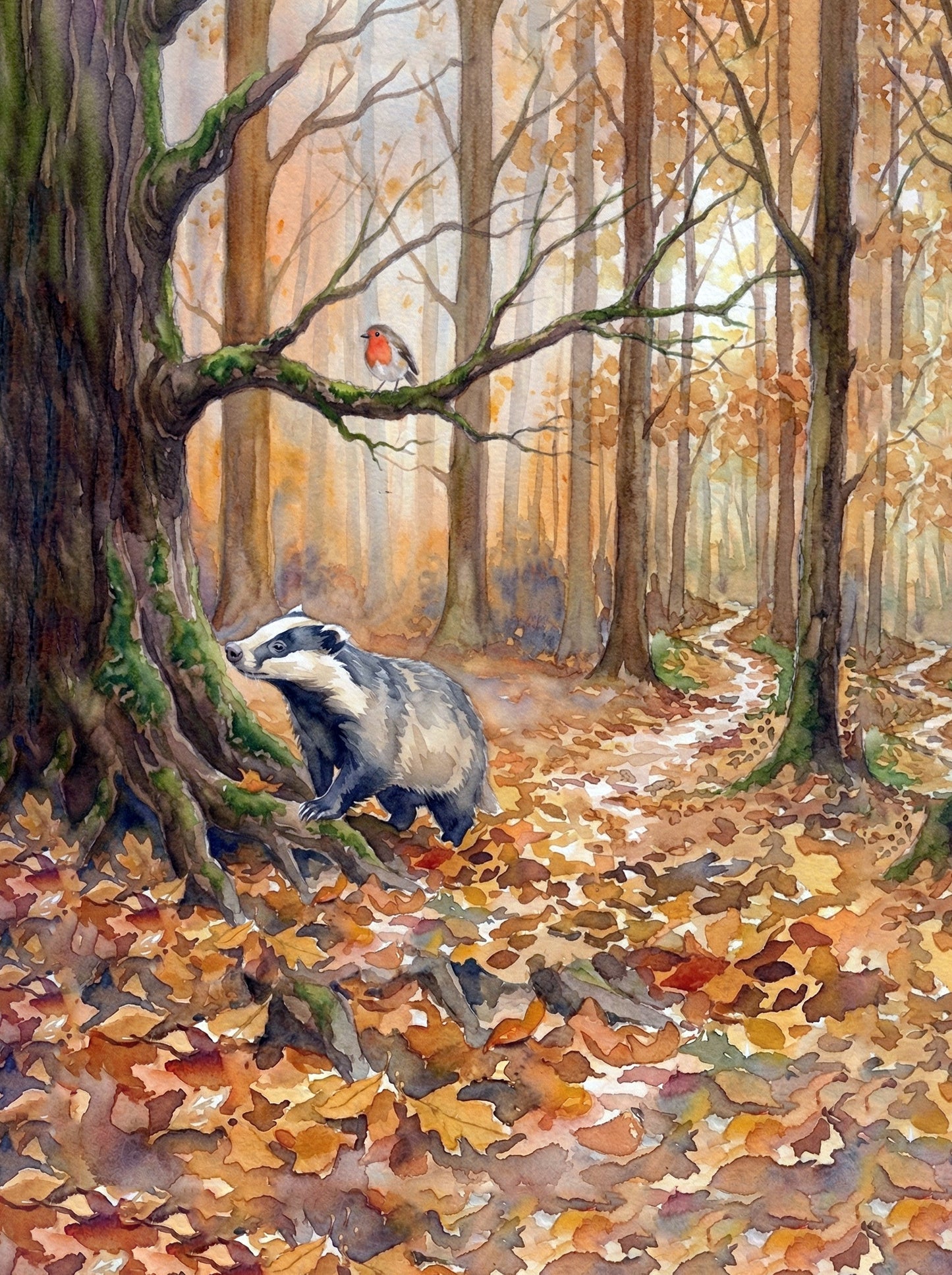 A badger emerging from between ancient oak roots in an autumn woodland with fallen amber leaves and a robin with red breast perched above, watercolour fine art print