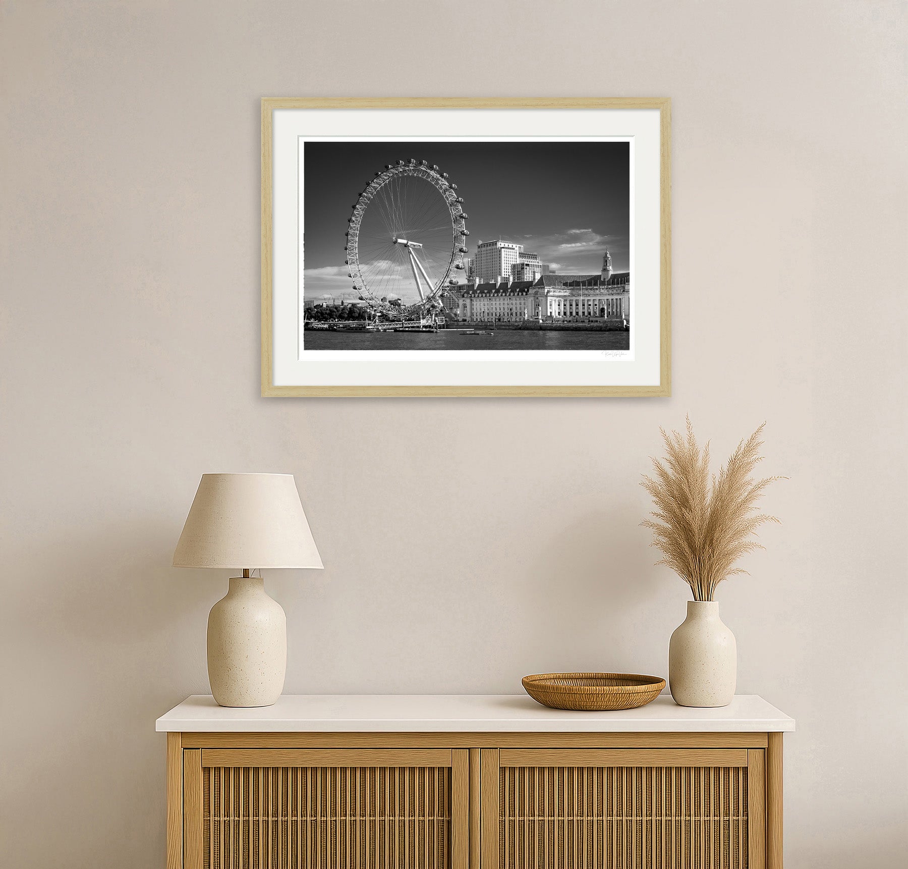 Minimalist interior with framed black and white London Eye photograph – Scandinavian decor inspiration
