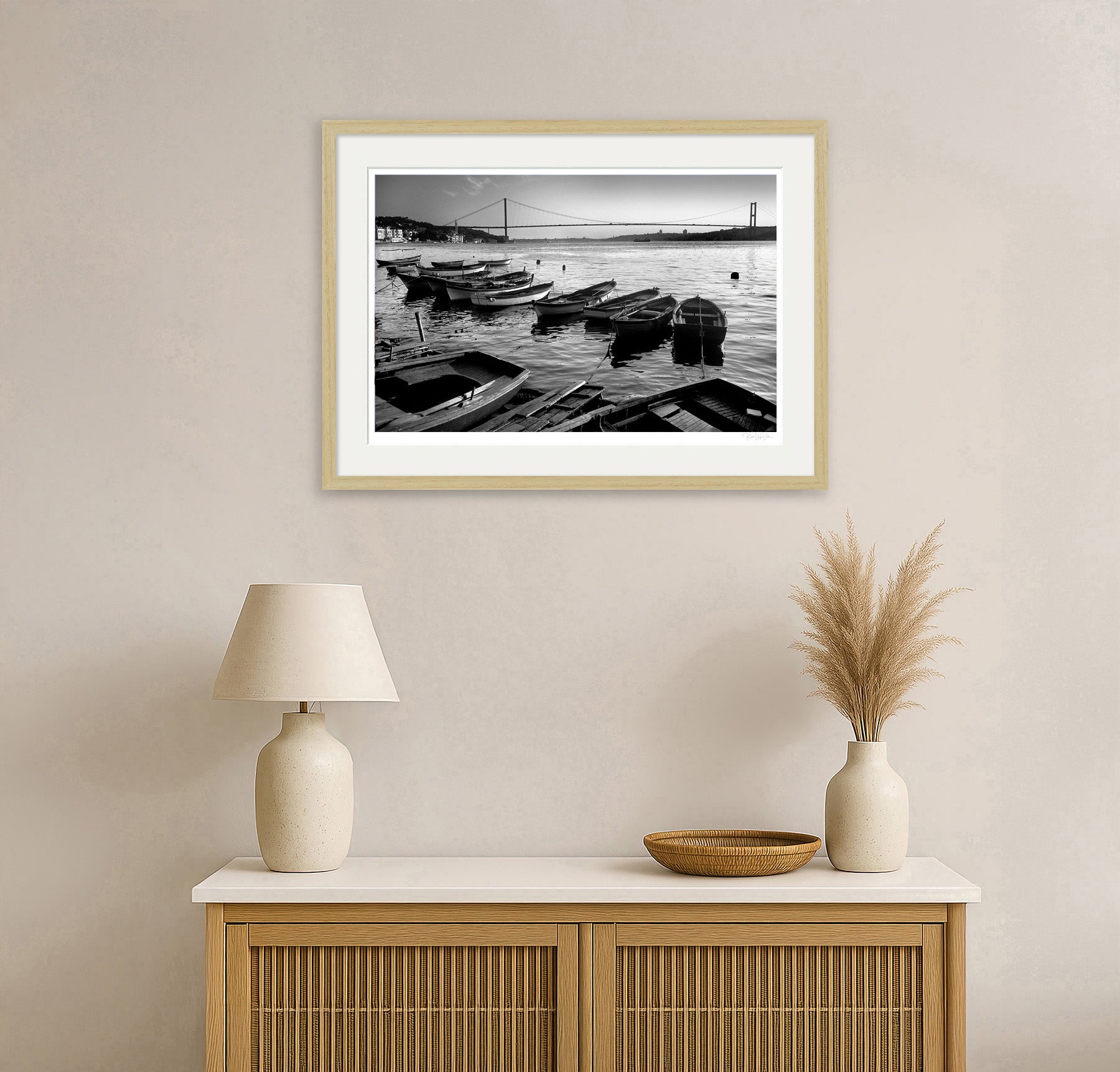 Istanbul Bosphorus black and white wall art framed and displayed in modern interior with natural decor