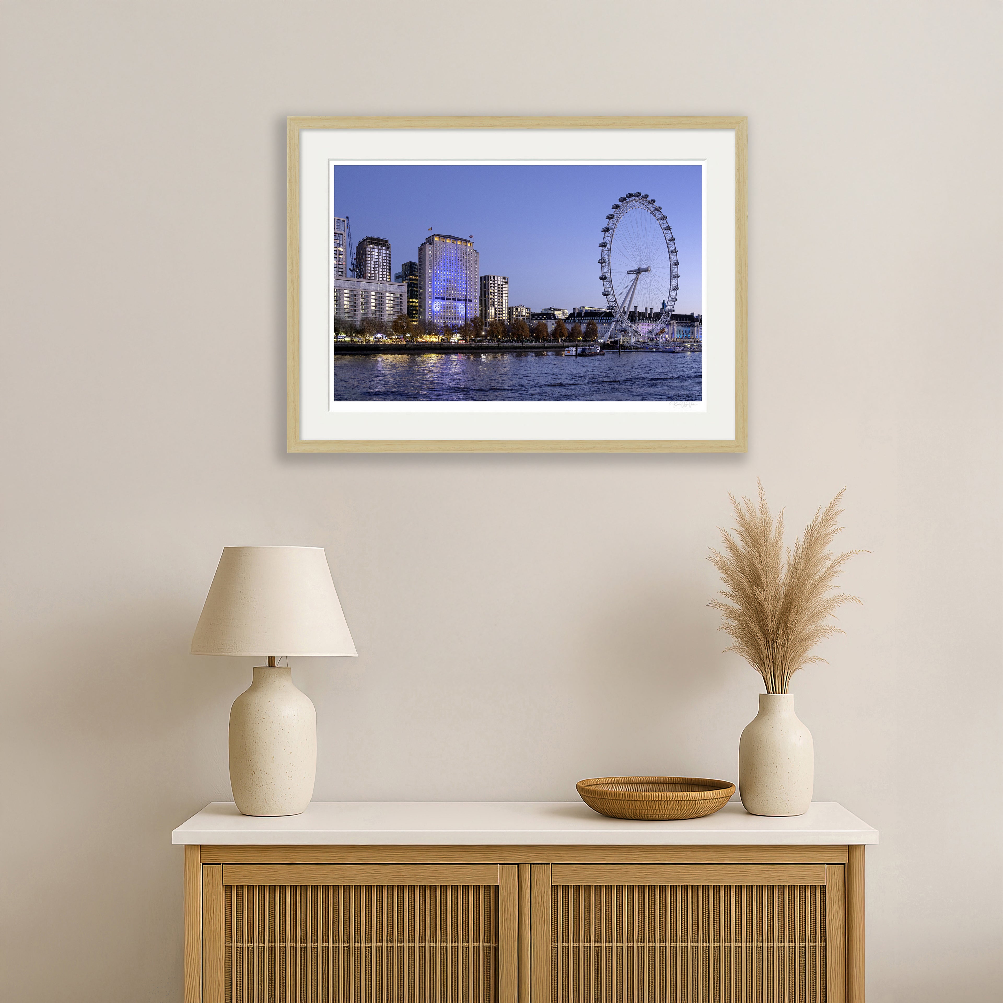 London Eye wall art in natural wood frame displayed in minimalist living room with warm neutral tones
