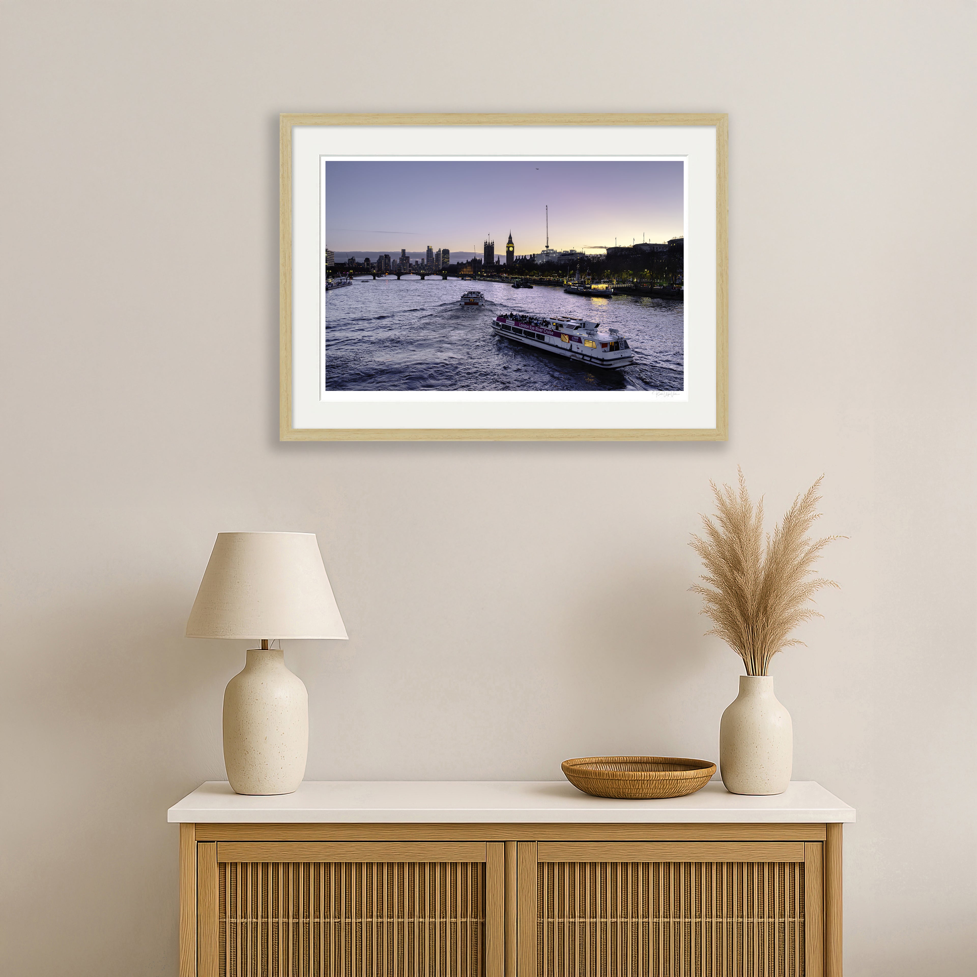 Framed London Thames Sunset Wall Art – Natural Wood Frame in Minimalist Living Room