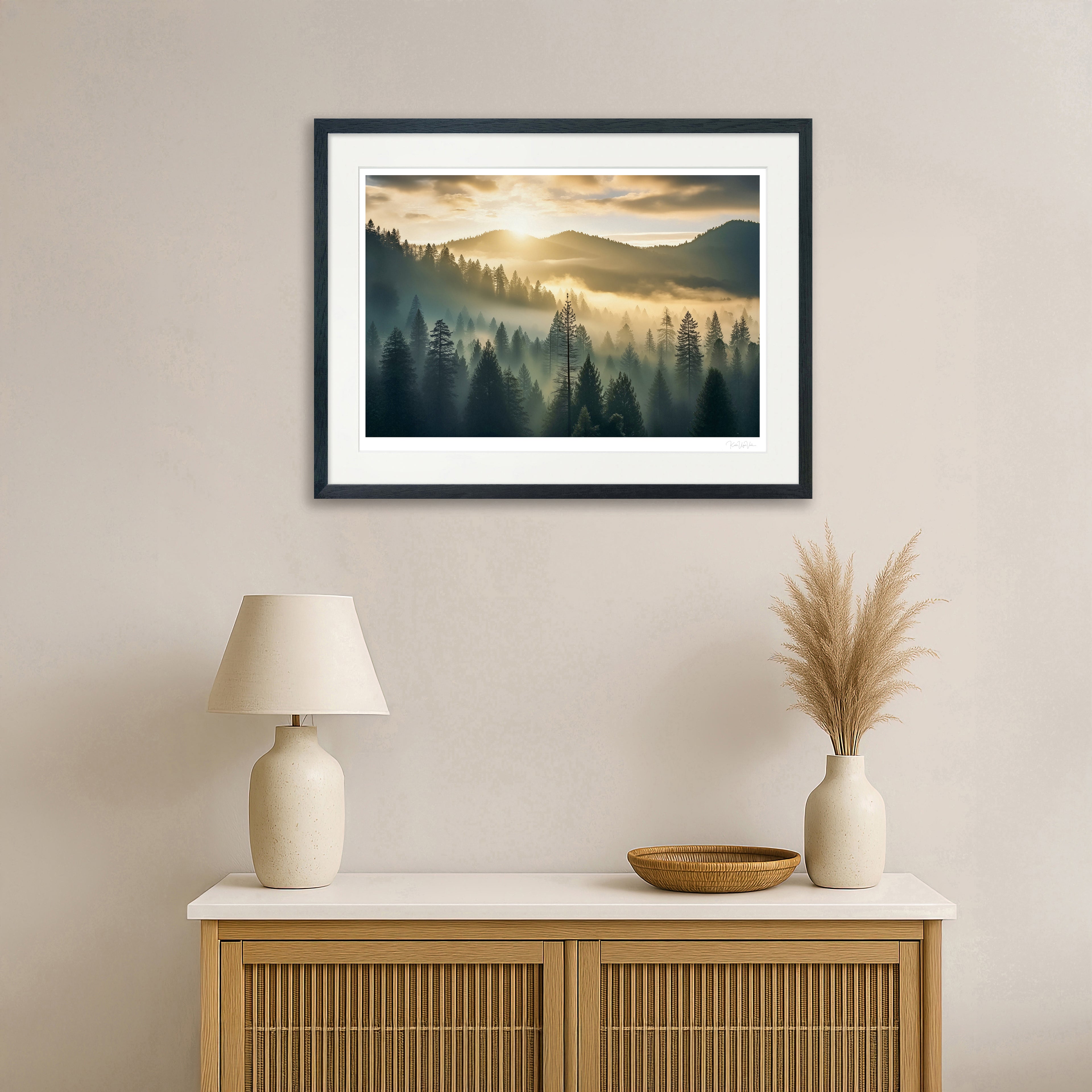Golden hour misty forest fine art print in black wooden frame with white mount – museum-quality wall art