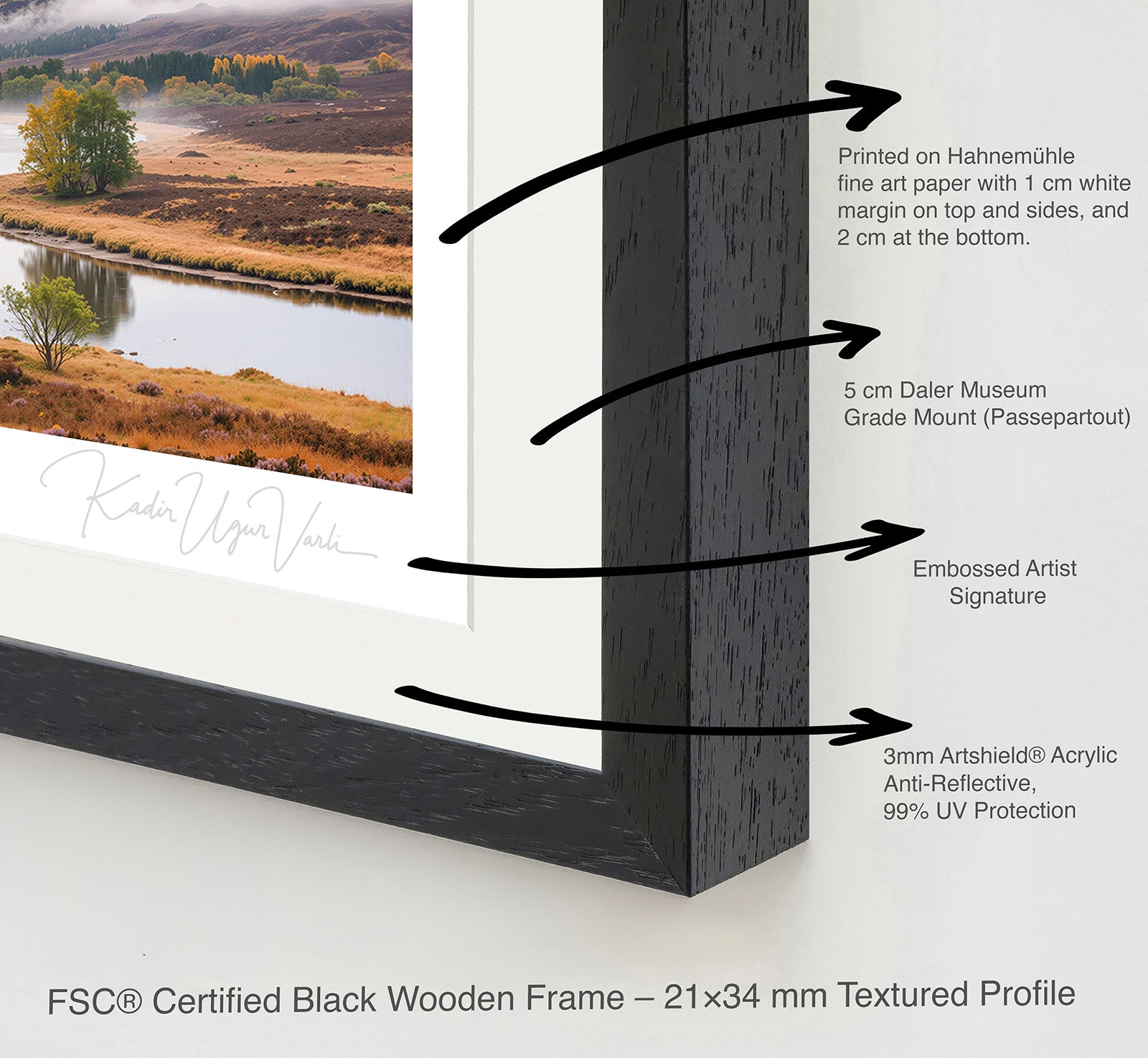 Close-up of black wooden frame with museum mount and embossed signature – premium giclée art print detail