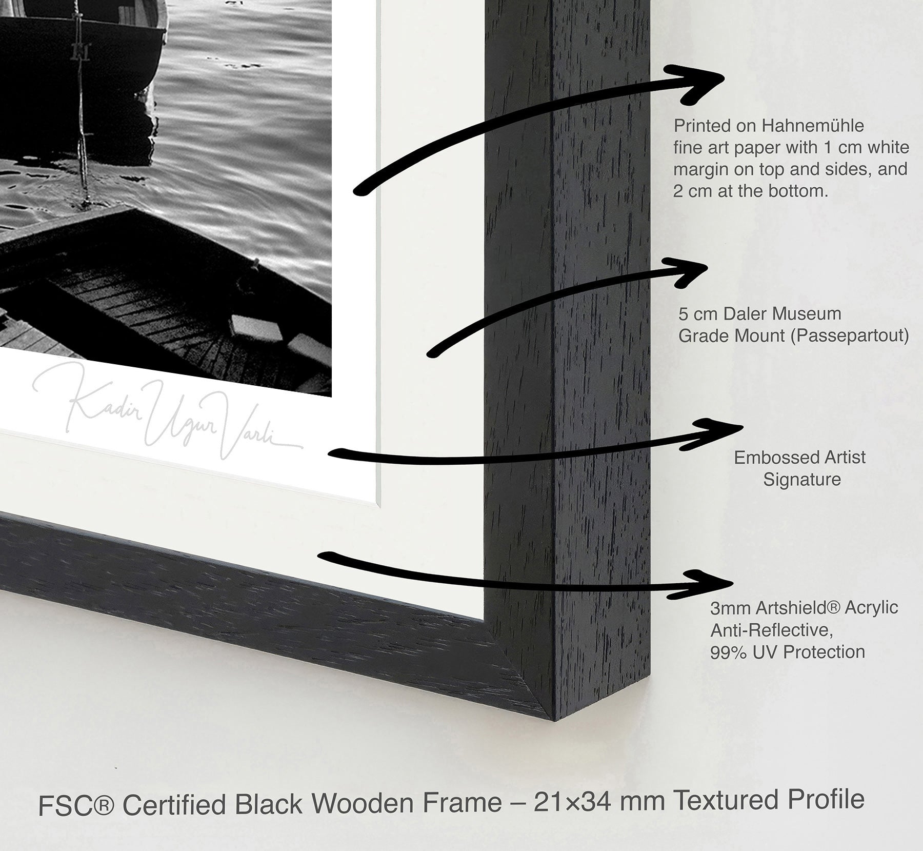 Close-up detail of fine art black wooden frame with embossed artist signature and museum-quality materials