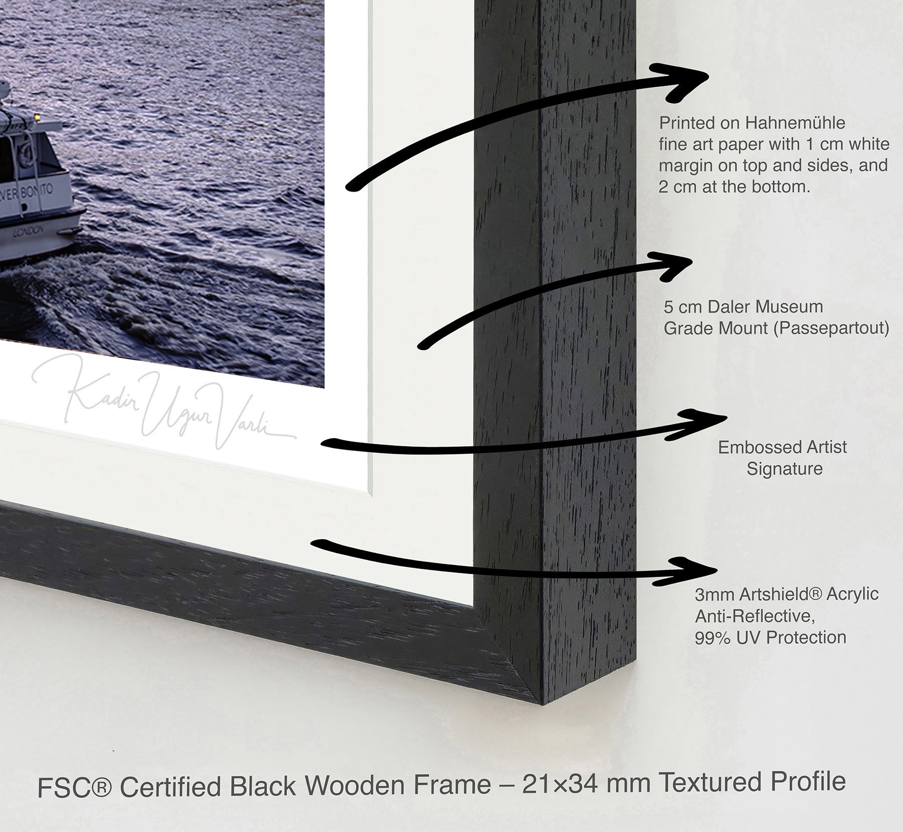 Close-up of Black Wooden Frame with Passepartout and UV-Protective ArtShield Acrylic – London Big Ben Print