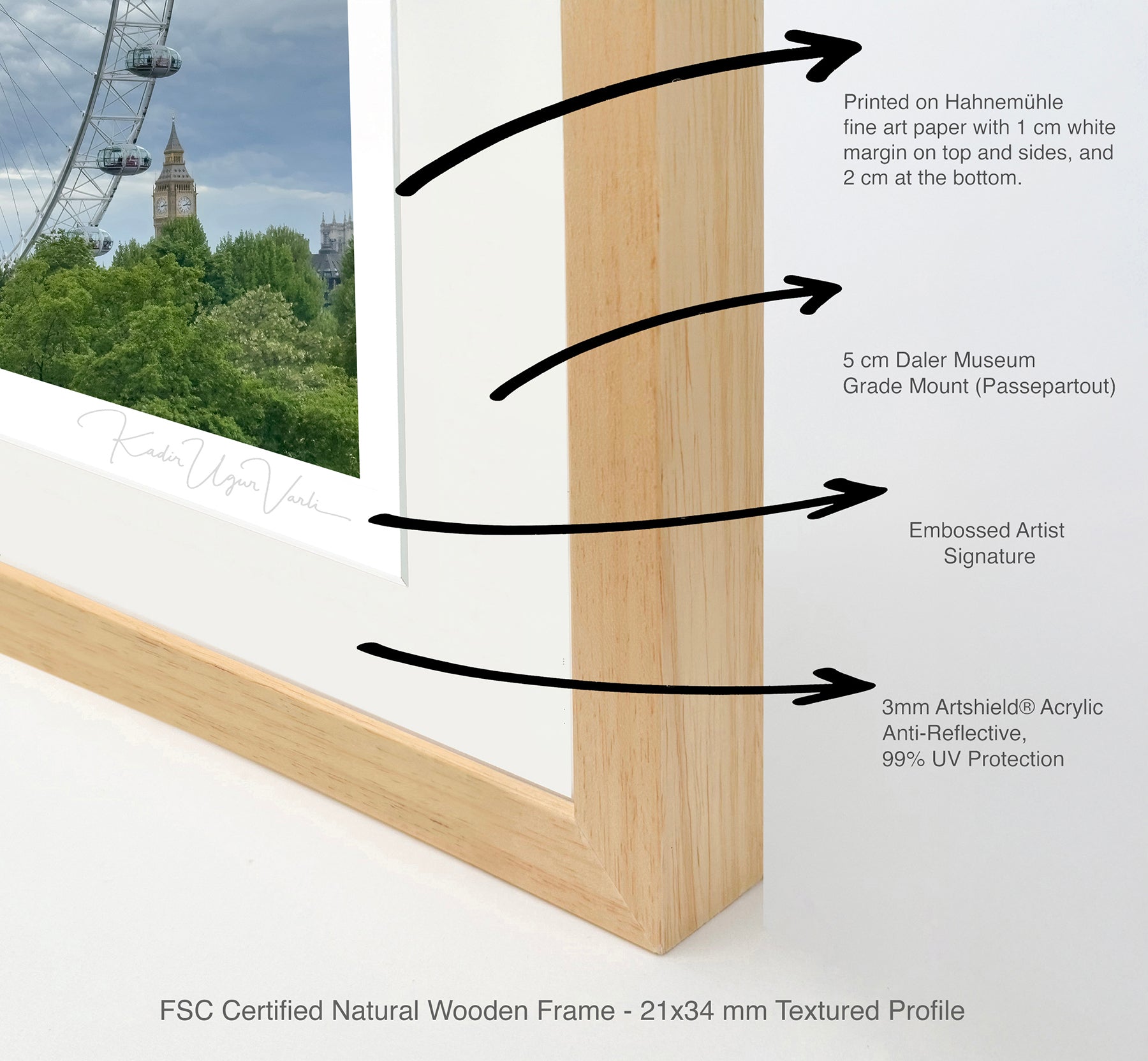 Close-up of natural wood art frame showing acrylic glass and Daler mount details