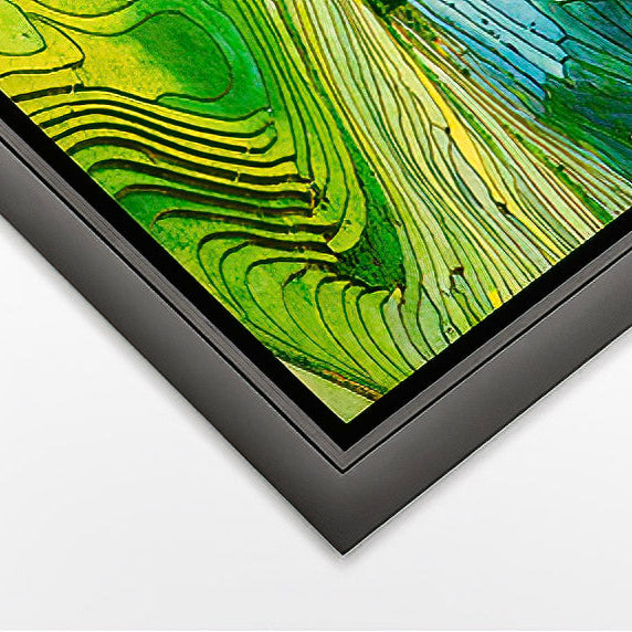 Close-up of Aluminium Artbox frame showcasing vibrant green artwork with a sleek black finish.