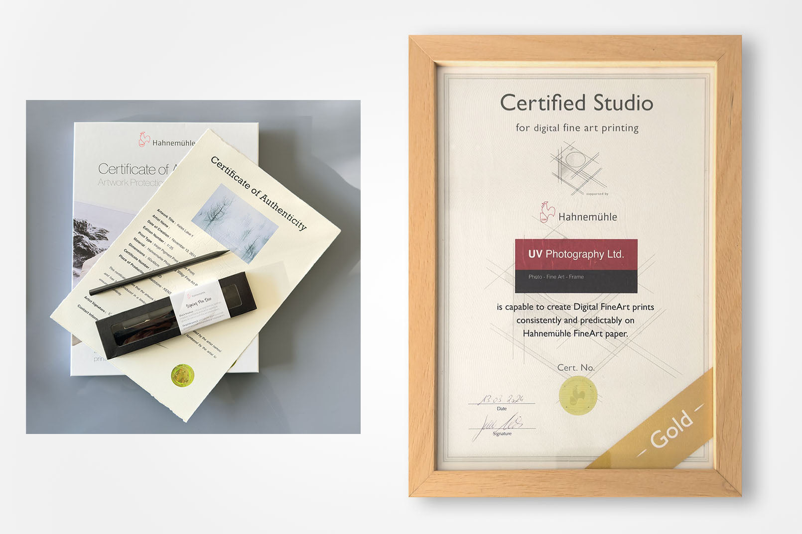 Hahnemühle Gold Certified Studio certificate and authenticity documents used in fine art printing by Giftly Art Print UK