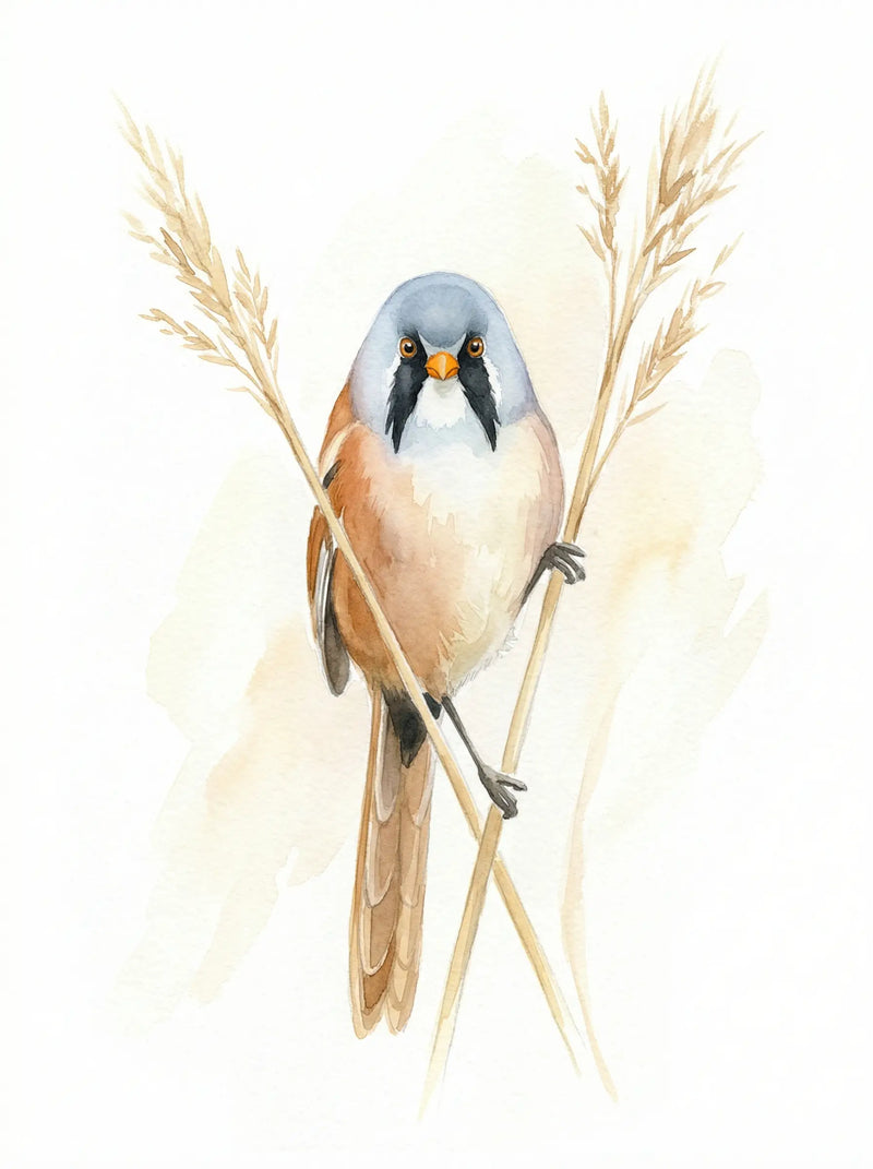 Bearded reedling bird perched on golden reed stems, blue head, black moustache, British wetland wildlife watercolour print UK