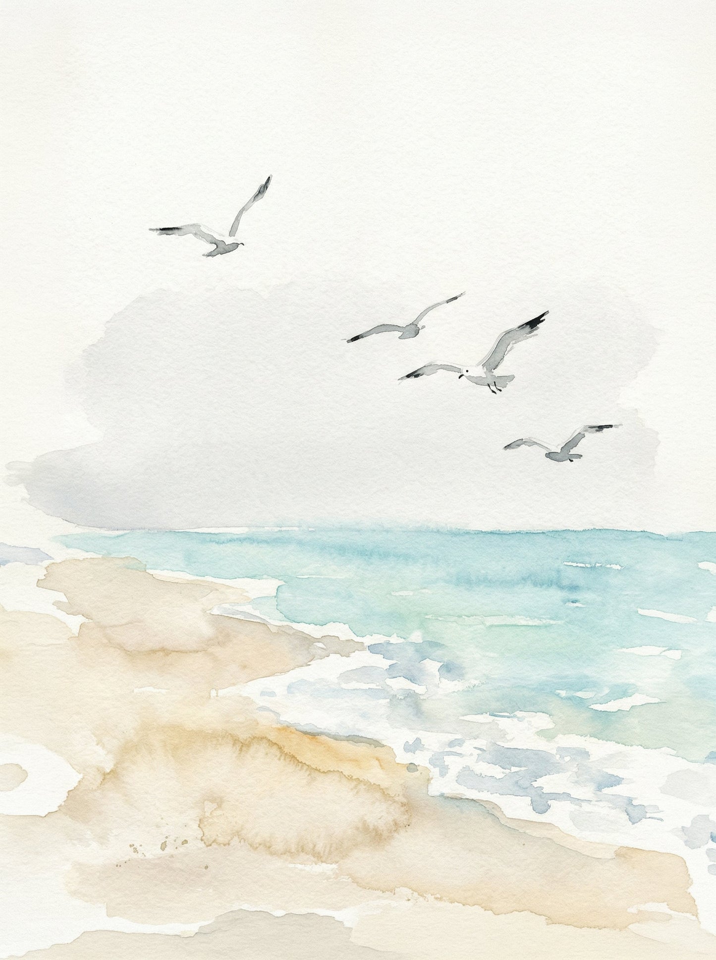 Alt Text:
Four seagulls in flight above a pale sandy shore with gentle turquoise waves and soft seafoam, painted in minimalist watercolour washes on an almost-white background, fine art print