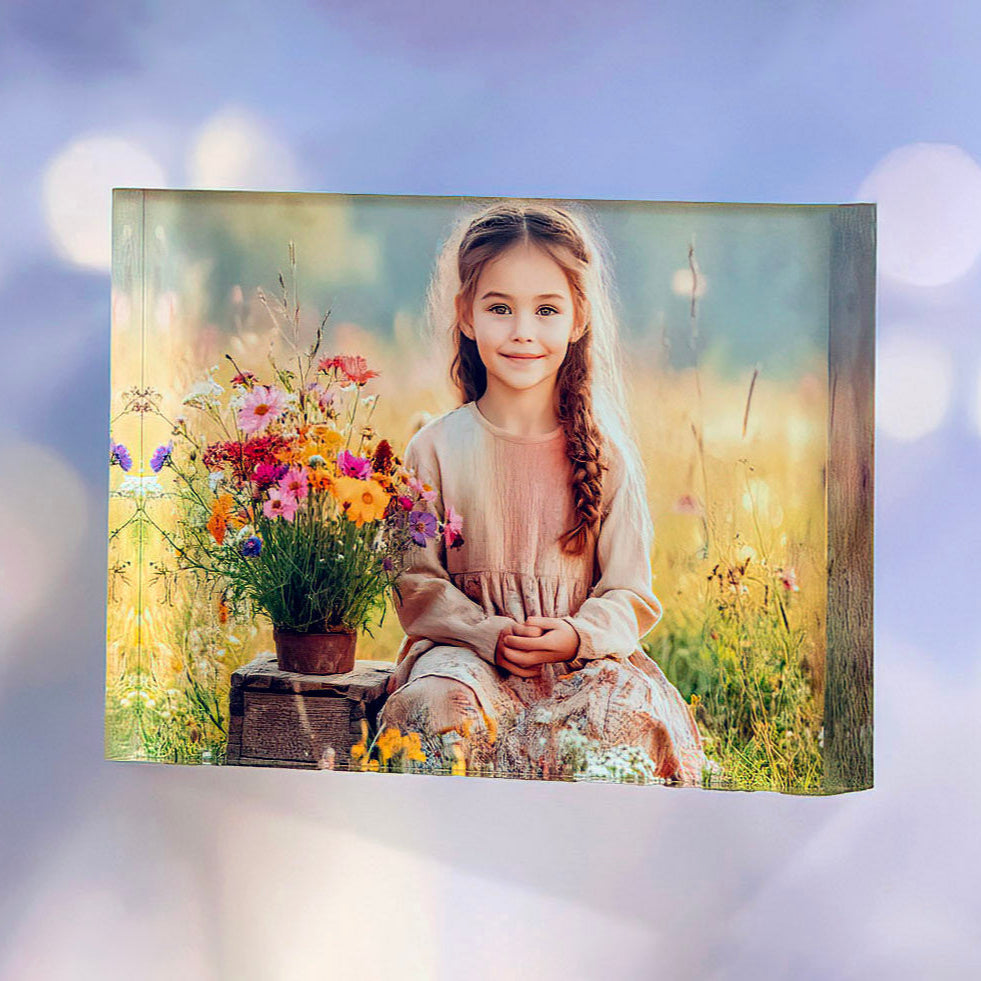 Premium acrylic block print of a girl with flowers, showcasing vibrant colors and stunning 3D effect.