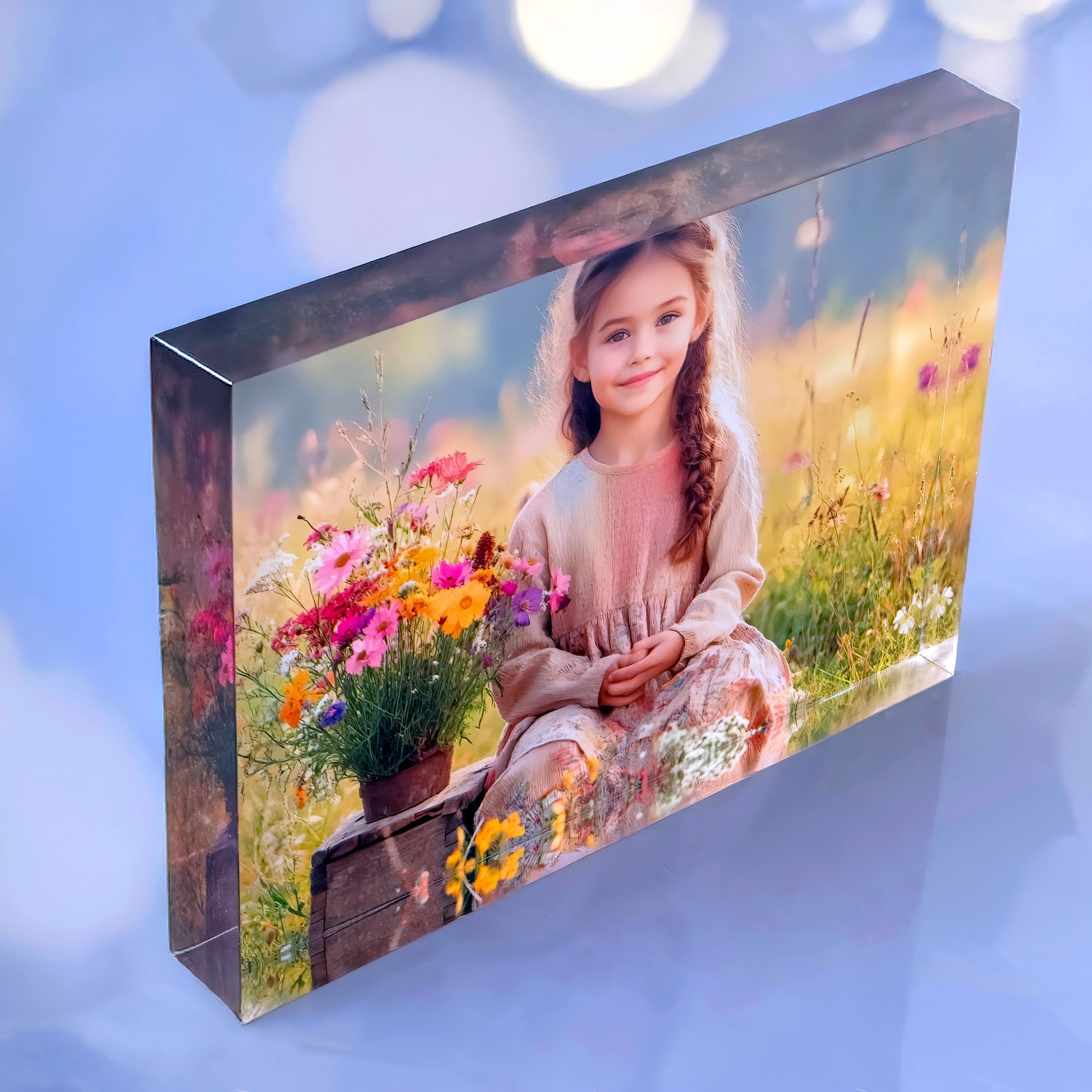20mm acrylic block featuring a smiling girl among vibrant flowers, showcasing photo colors and 3D effects.