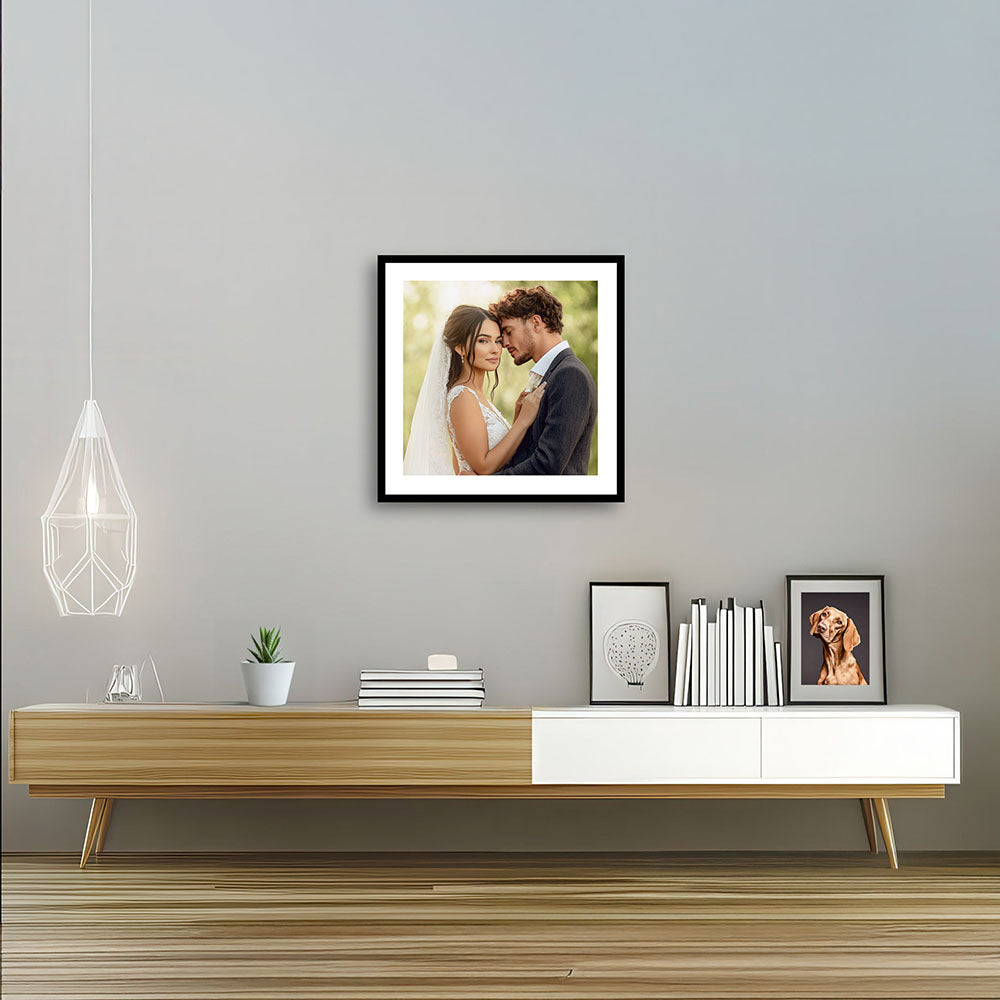Custom wooden frame with white passepartout and glossy acrylic glass, showcasing a mounted art print in black or natural finish
