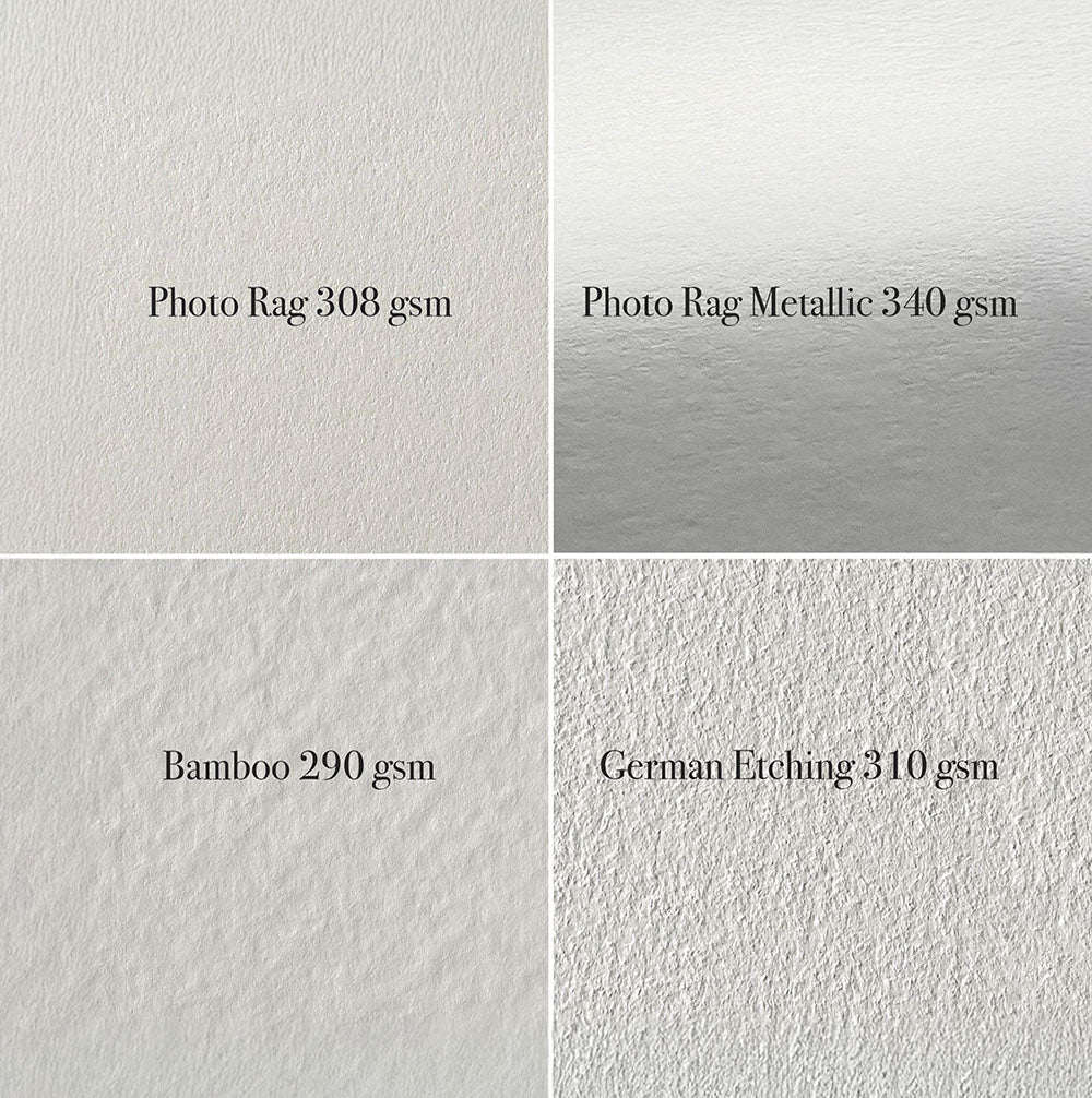 Side-by-side texture comparison of Hahnemühle fine art papers – Photo Rag, Bamboo, German Etching