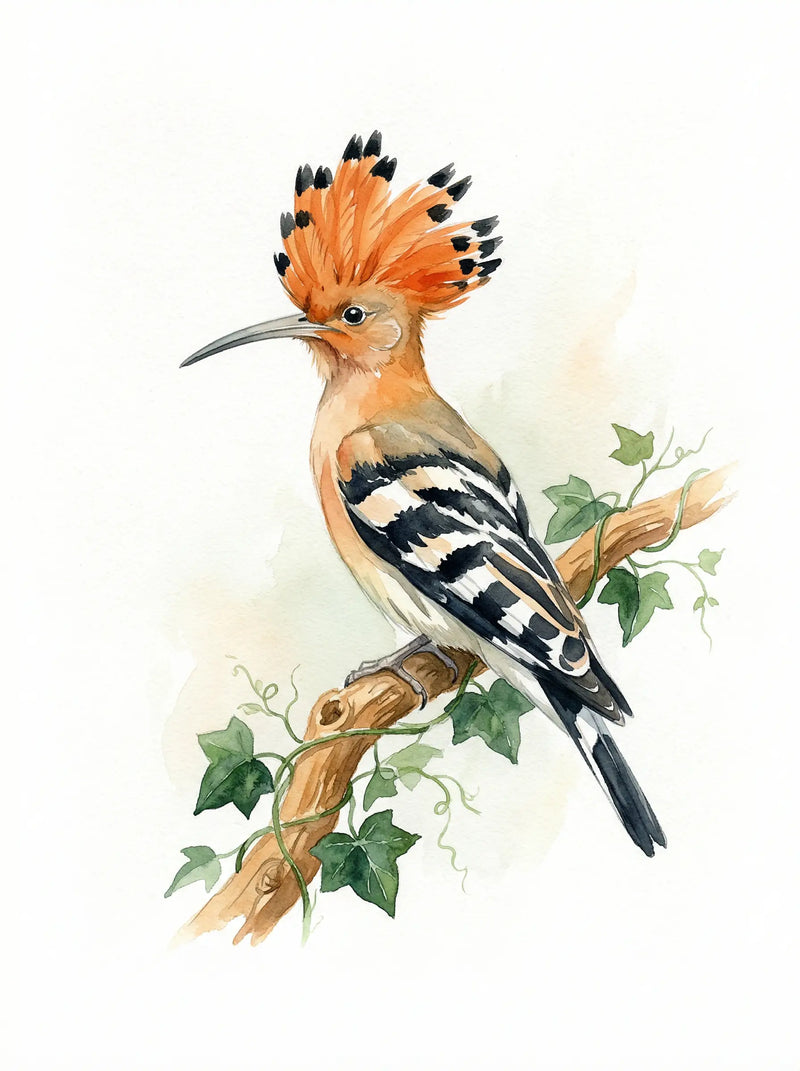 Hoopoe bird watercolour illustration, orange crest, botanical branch, wildlife wall art print UK