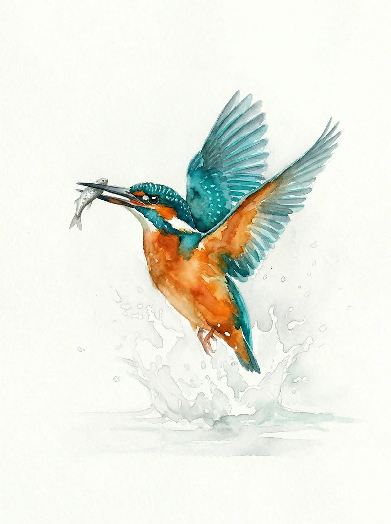 Kingfisher bird catching fish mid-flight, teal and orange watercolour illustration, British wildlife wall art print UK