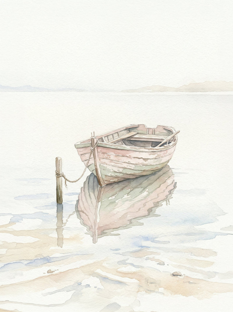 A weathered wooden rowing boat with faded blush and sage paintwork moored to a single post, its reflection perfectly mirrored in still water with distant hills barely visible, minimalist pastel watercolour fine art print