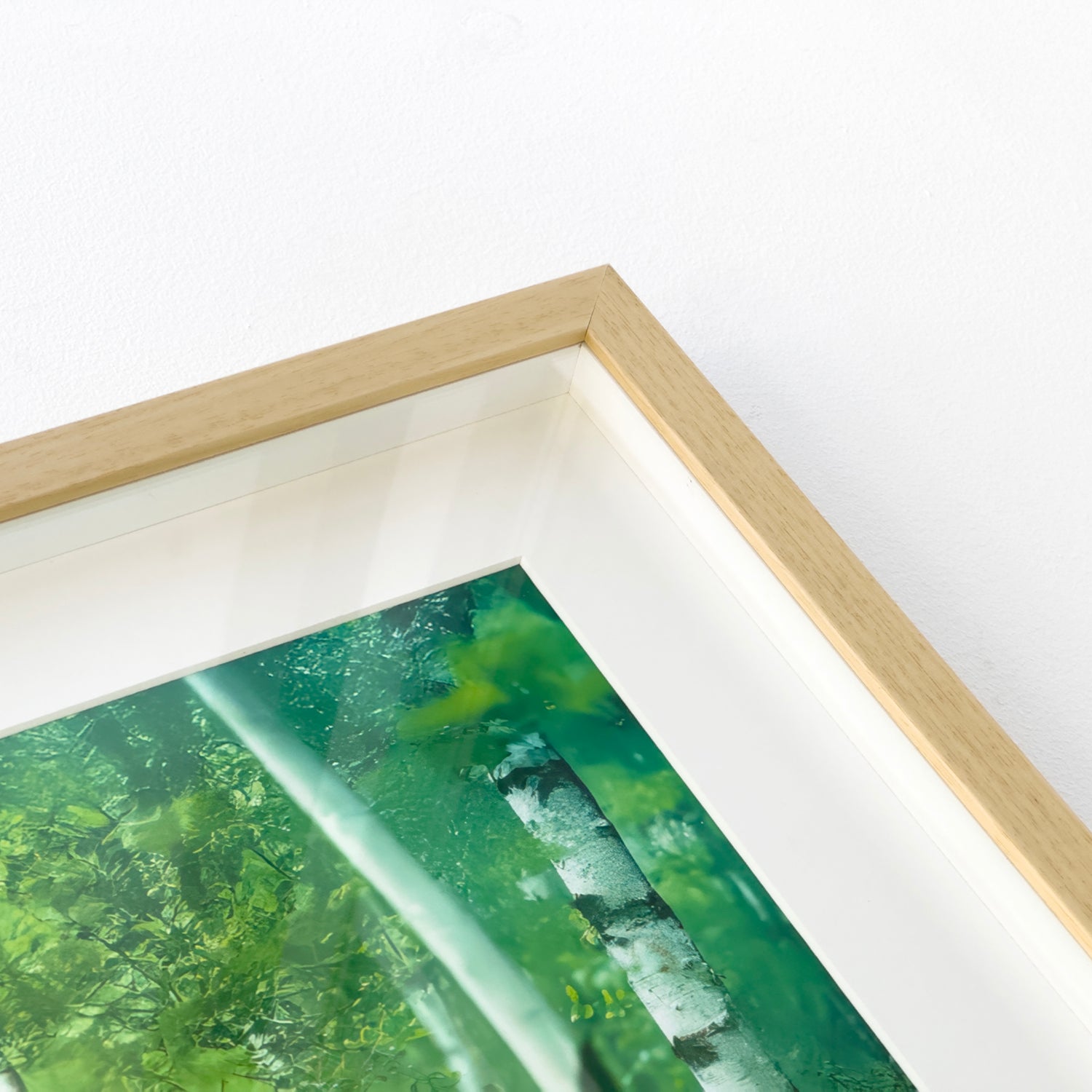 Detail of light wood shadow box frame with mount and glass, showcasing vivid green forest print
