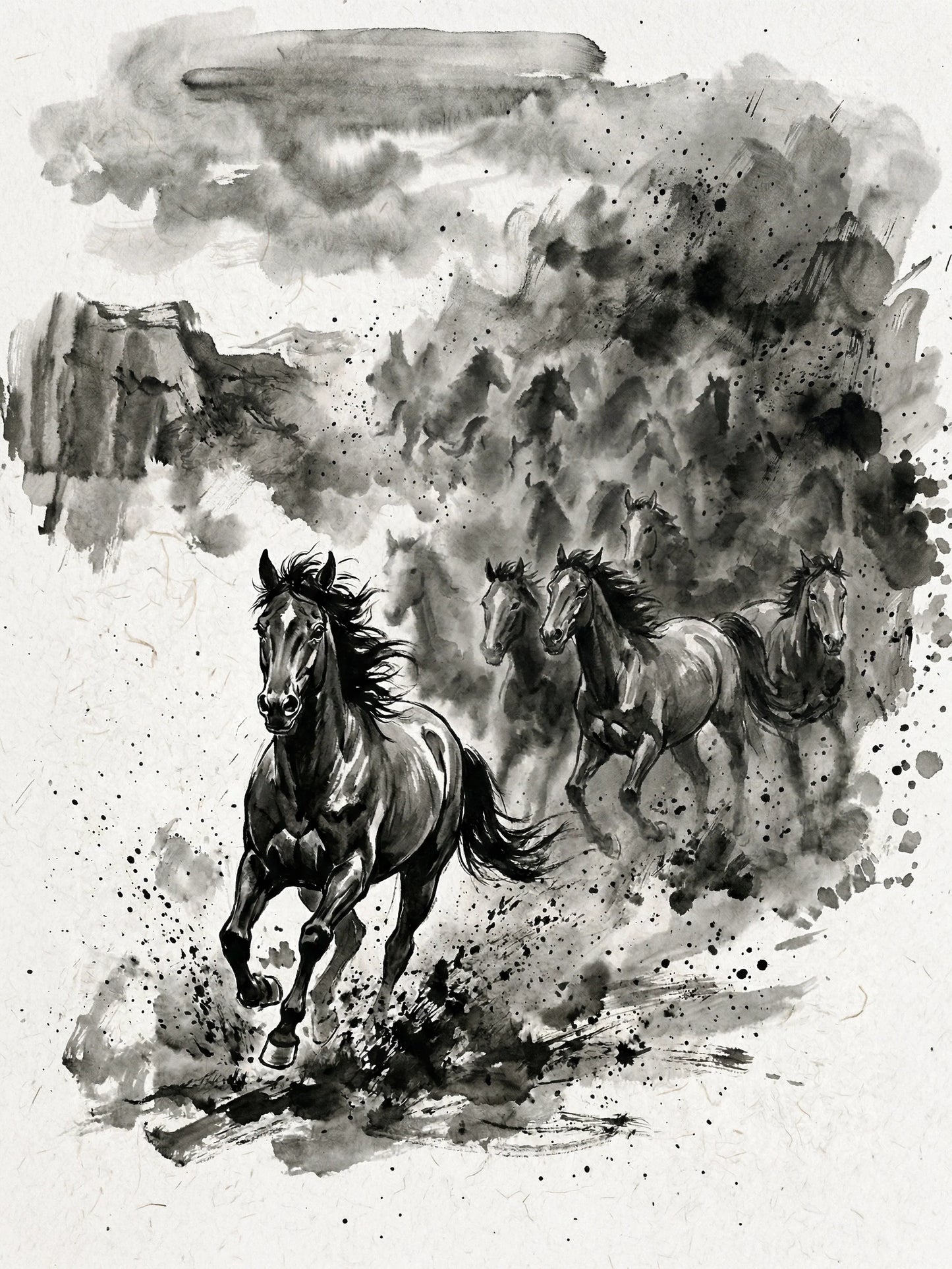 Dark wild horse galloping through swirling ink cloud and splatters, fierce and dramatic, expressive equine wall art print UK