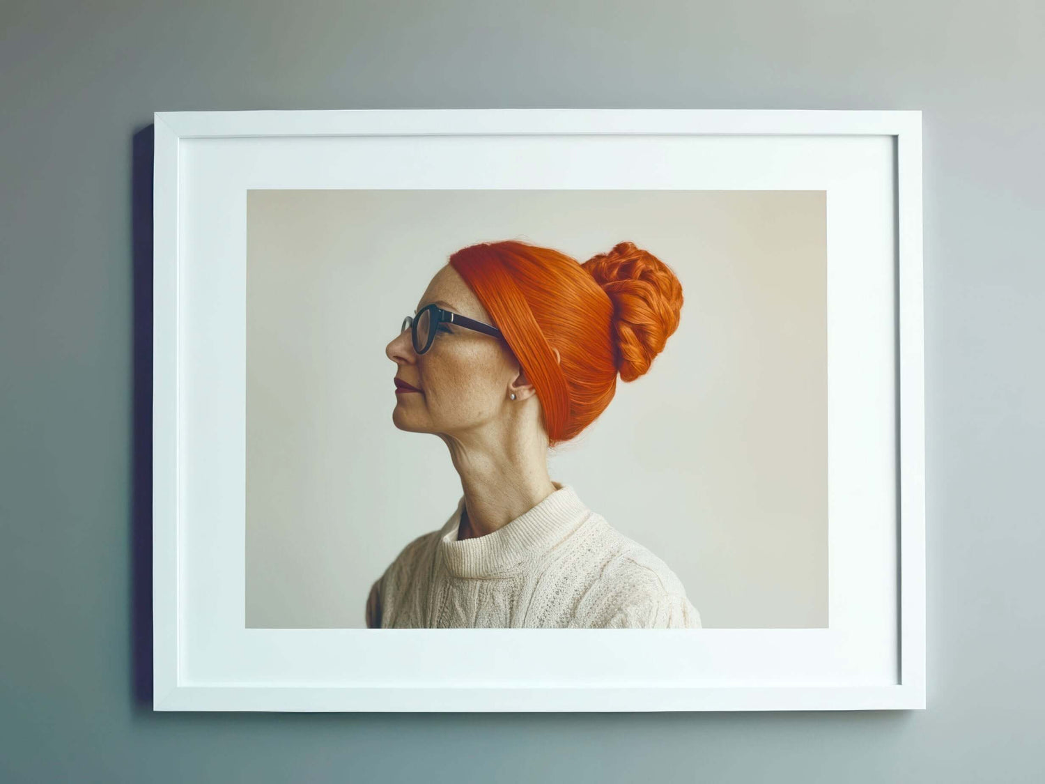 Portrait of a woman with orange hair in a bun wearing glasses, framed on a wall.
