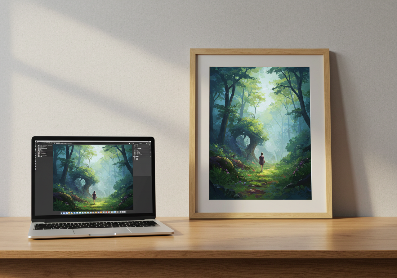 AI-generated artwork being prepared for fine art printing, showing a high-resolution digital image on a calibrated screen next to a printed version on Hahnemühle paper