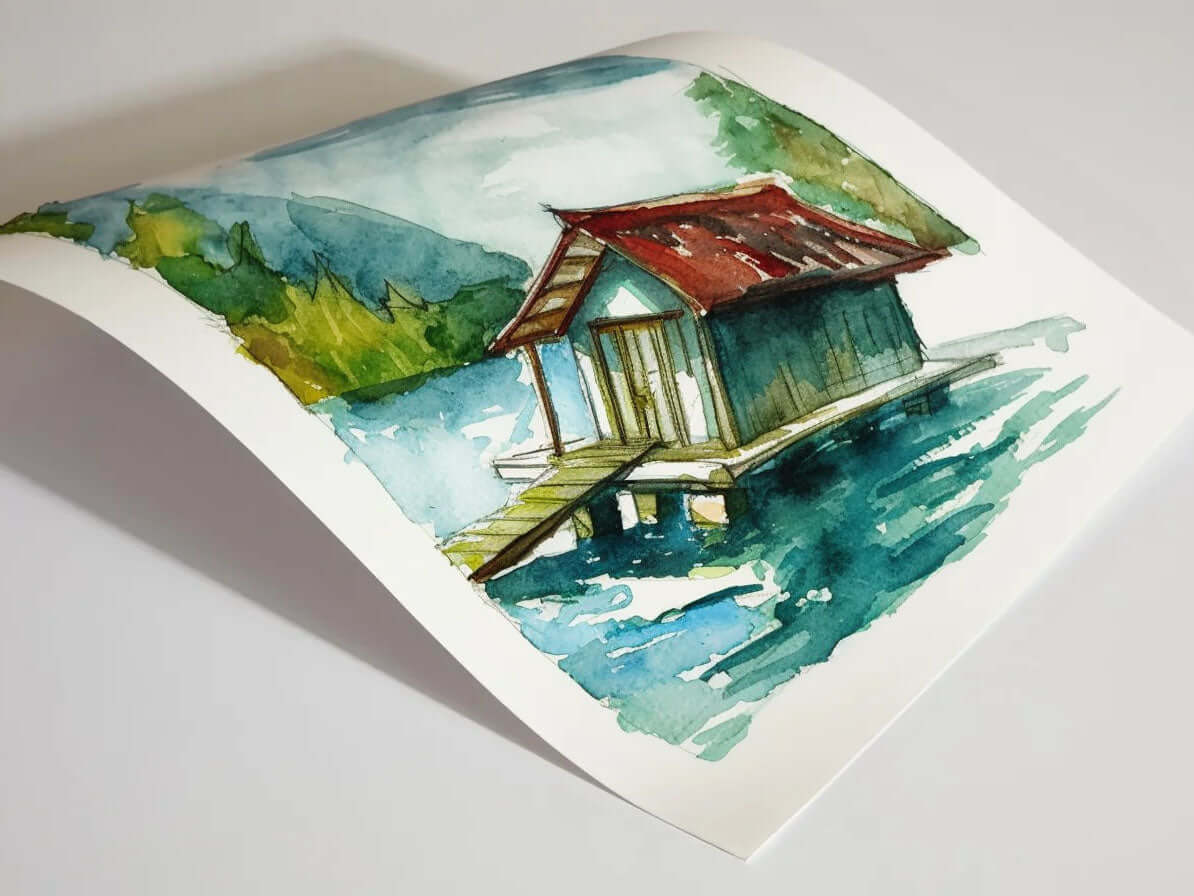 Watercolor painting of a tranquil lakeside cabin with a red roof surrounded by lush greenery.