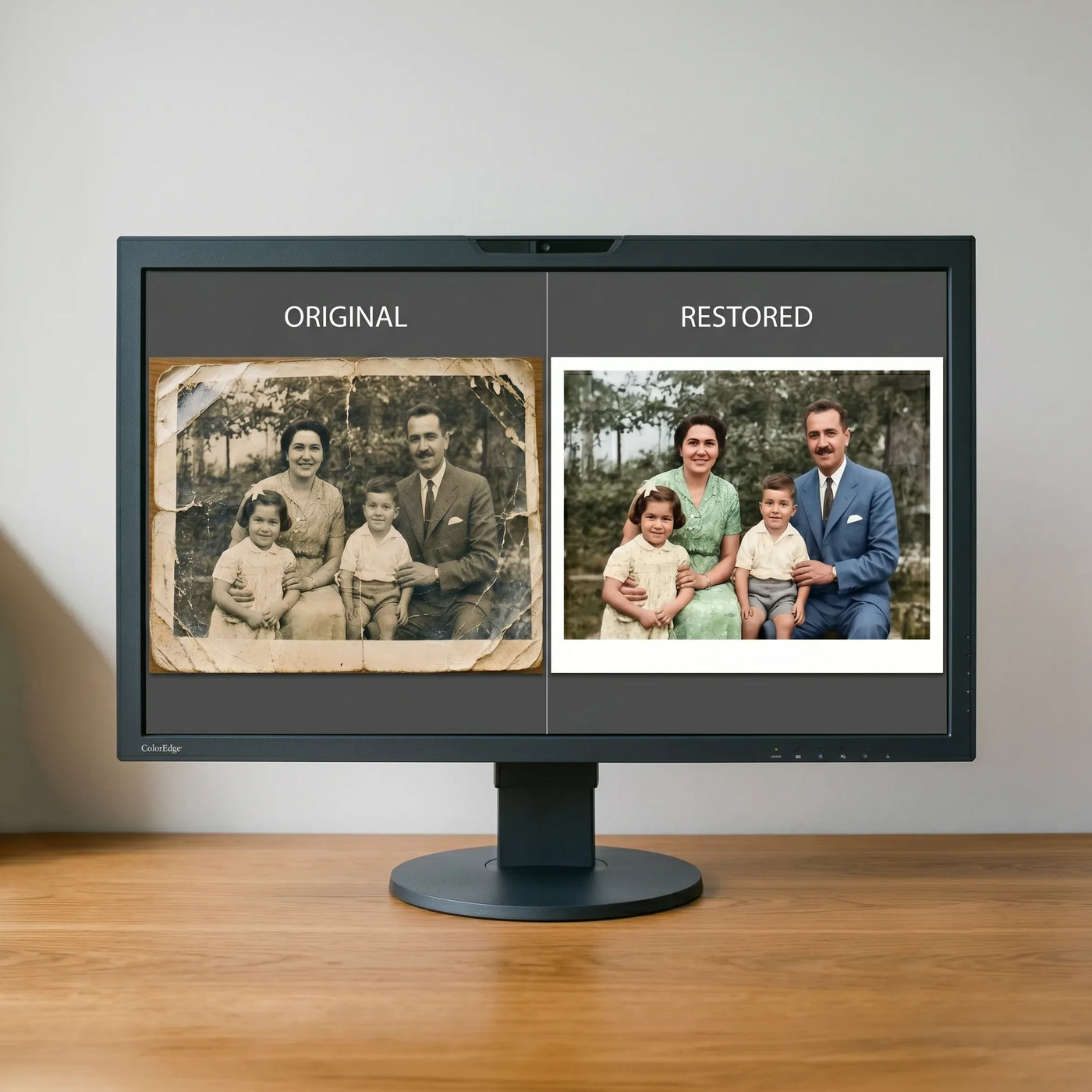 Faded 1970s family photo being restored at a Maidstone photo studio