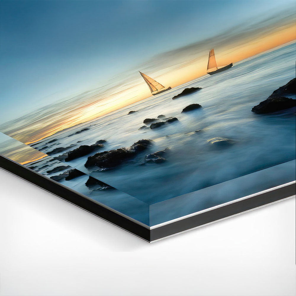 Lush green forest through mist with a stream and rocks, perfect for modern frameless wall art.