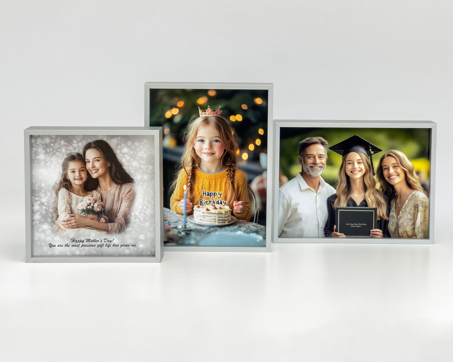 Handcrafted personalised photo gifts, including framed desk photos, acrylic blocks, and wooden art boxes, displayed in a modern home office setting, showcasing vibrant, high-quality prints.