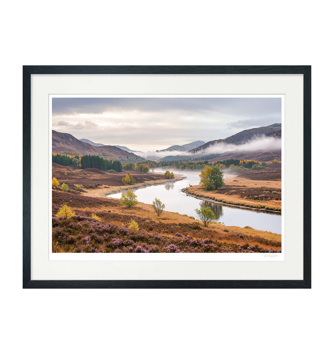 Generative art print of an autumn valley with heather, river, and deer – framed in black FSC-certified wood with white mount