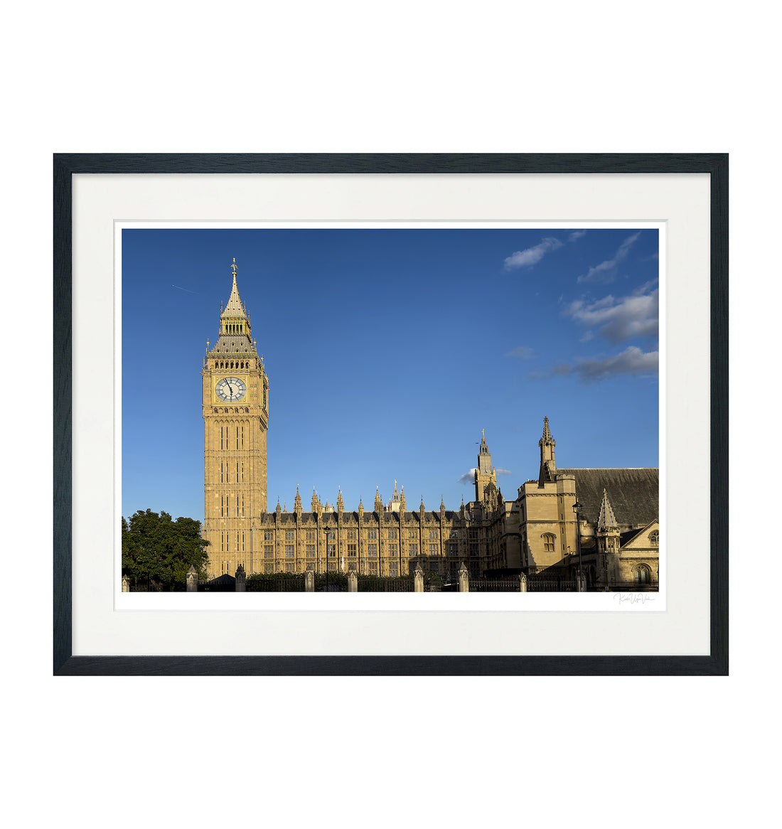 Black wood framed Big Ben London wall art with white mount, fine art giclée print on Hahnemühle paper