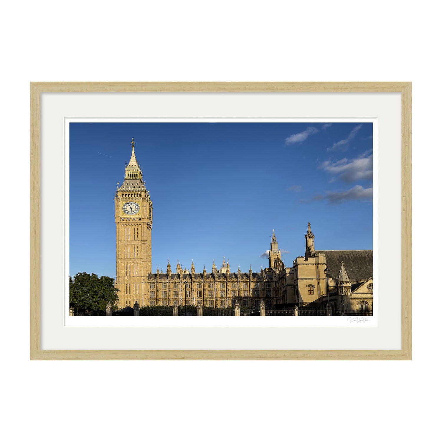 Natural wood framed Big Ben wall art print, premium giclée photograph with museum-grade mount board