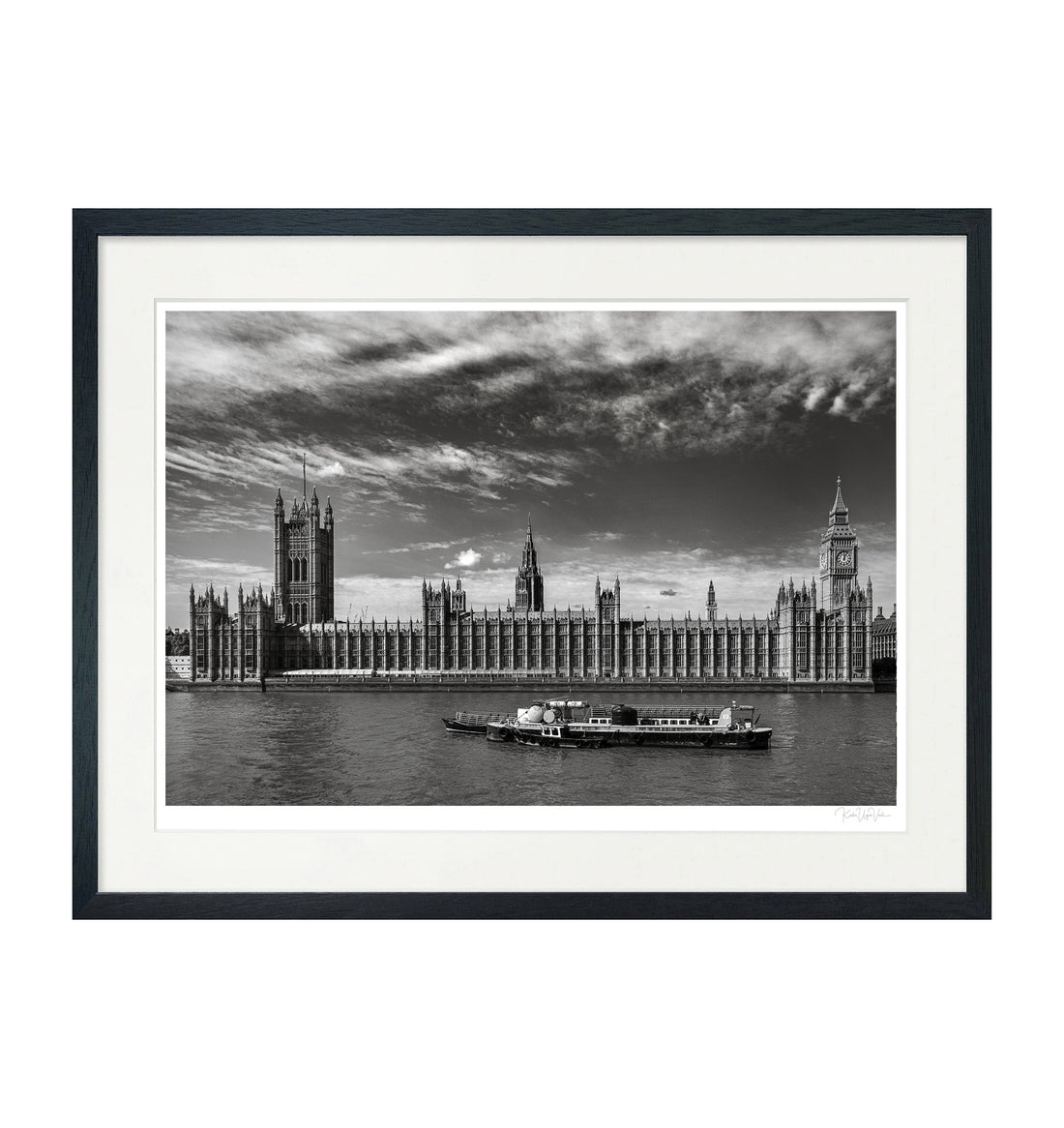 Framed black and white London skyline fine art print on white wall with mount