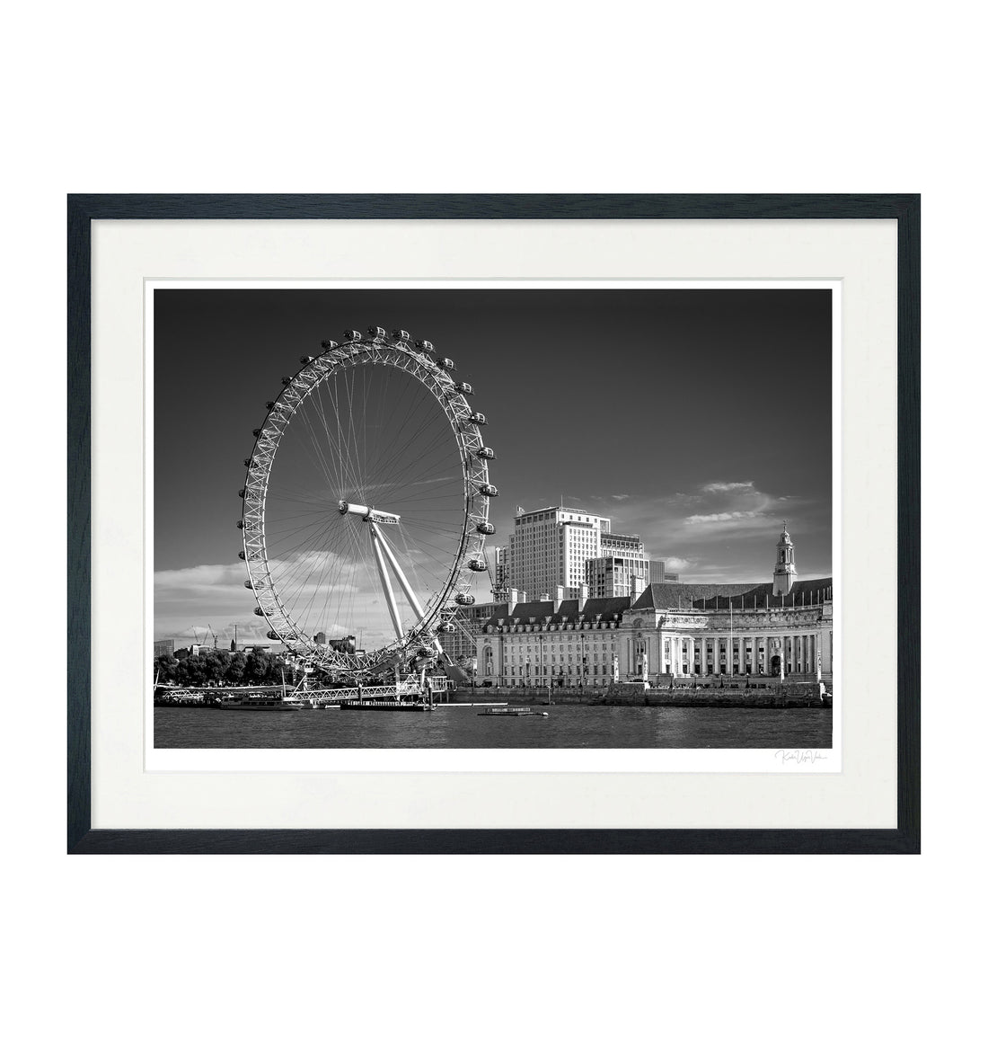 Black and white London Eye fine art print displayed with white passepartout and black frame – museum-quality wall art