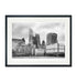 Framed black and white London skyline art print with iconic skyscrapers, presented with white mount and black wooden frame