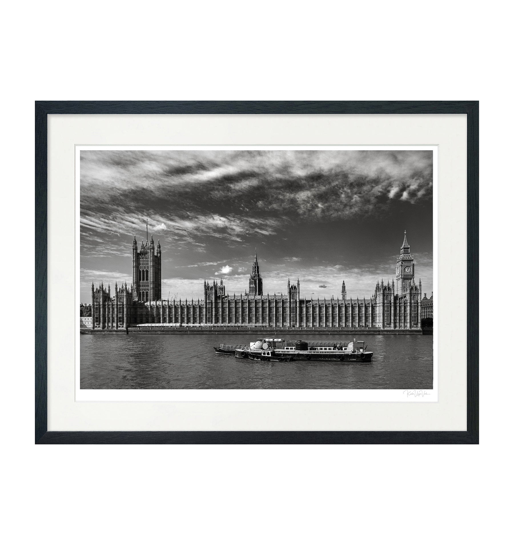 Black and white fine art print of Westminster Palace and Big Ben viewed from across the River Thames

