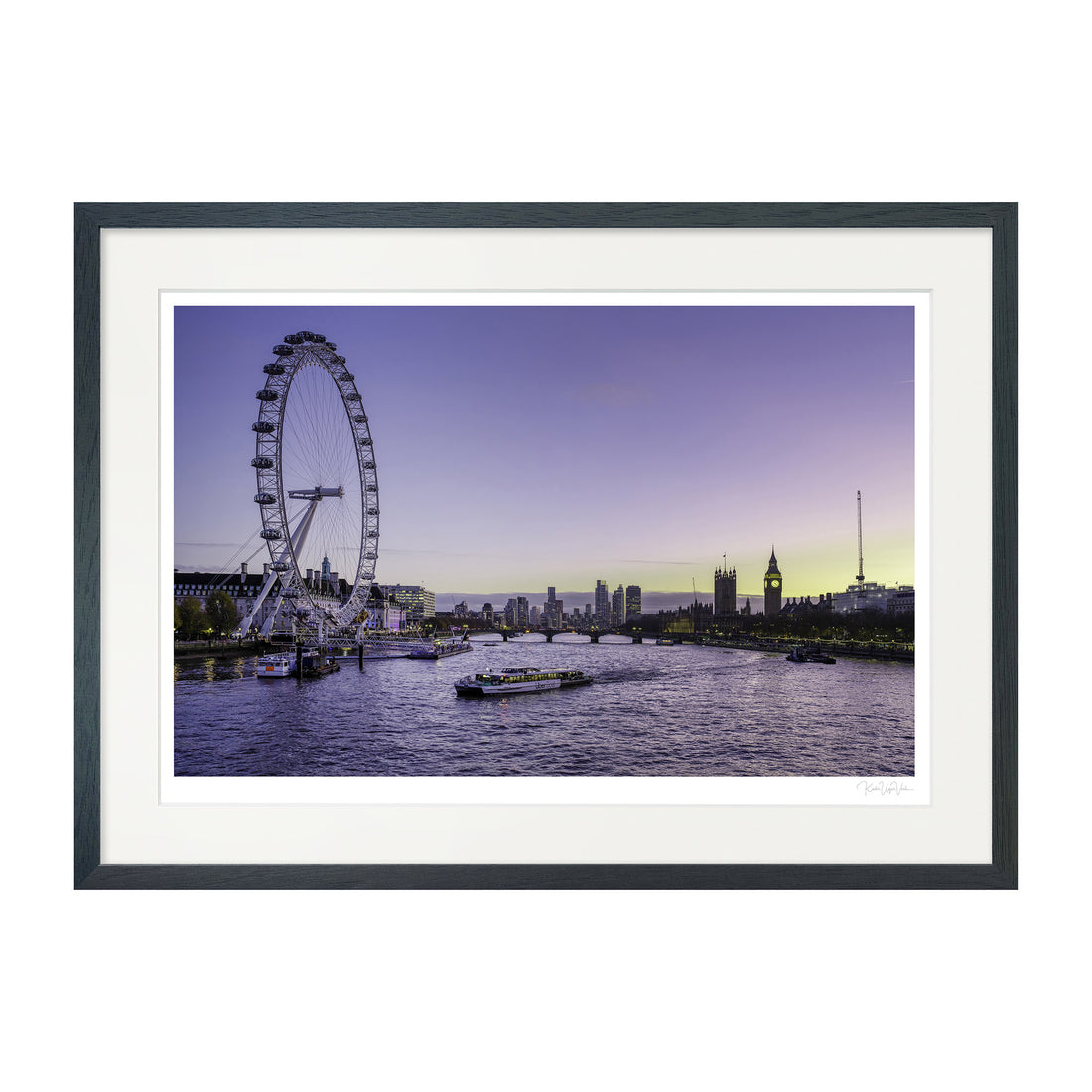 Framed fine art print of London’s skyline at twilight, featuring the London Eye, Big Ben, and the Thames River in soft pastel colours.

