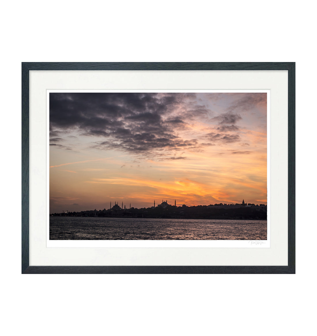 Framed sunset Istanbul skyline featuring Hagia Sophia and the Blue Mosque in silhouette