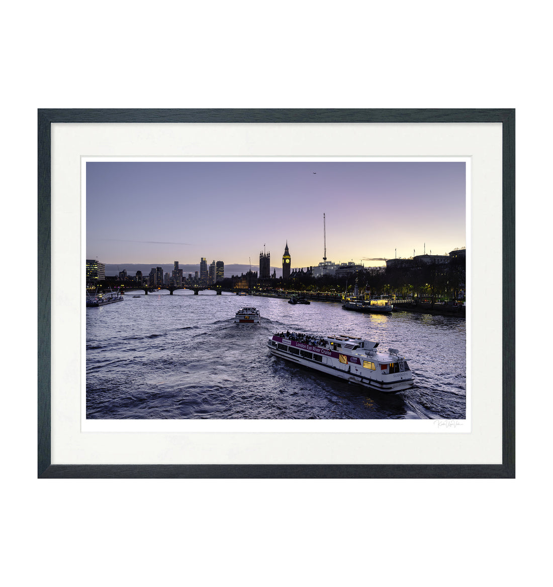 London Thames River at Sunset with Big Ben and River Cruise Boat – Framed Wall Art Photography