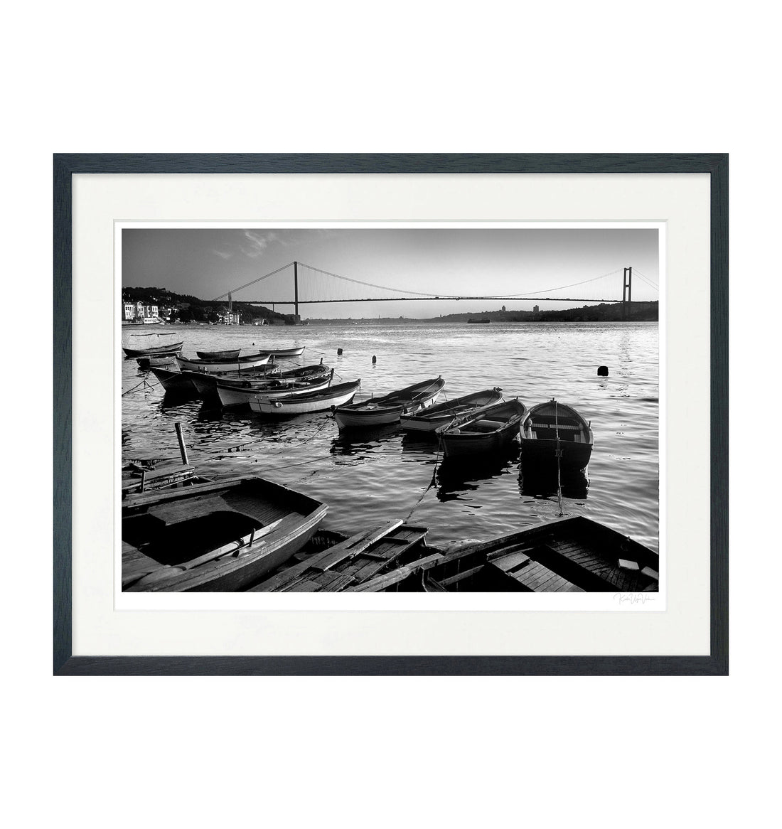 Black and white framed wall art print of Istanbul Bosphorus with fishing boats and bridge – limited edition fine art