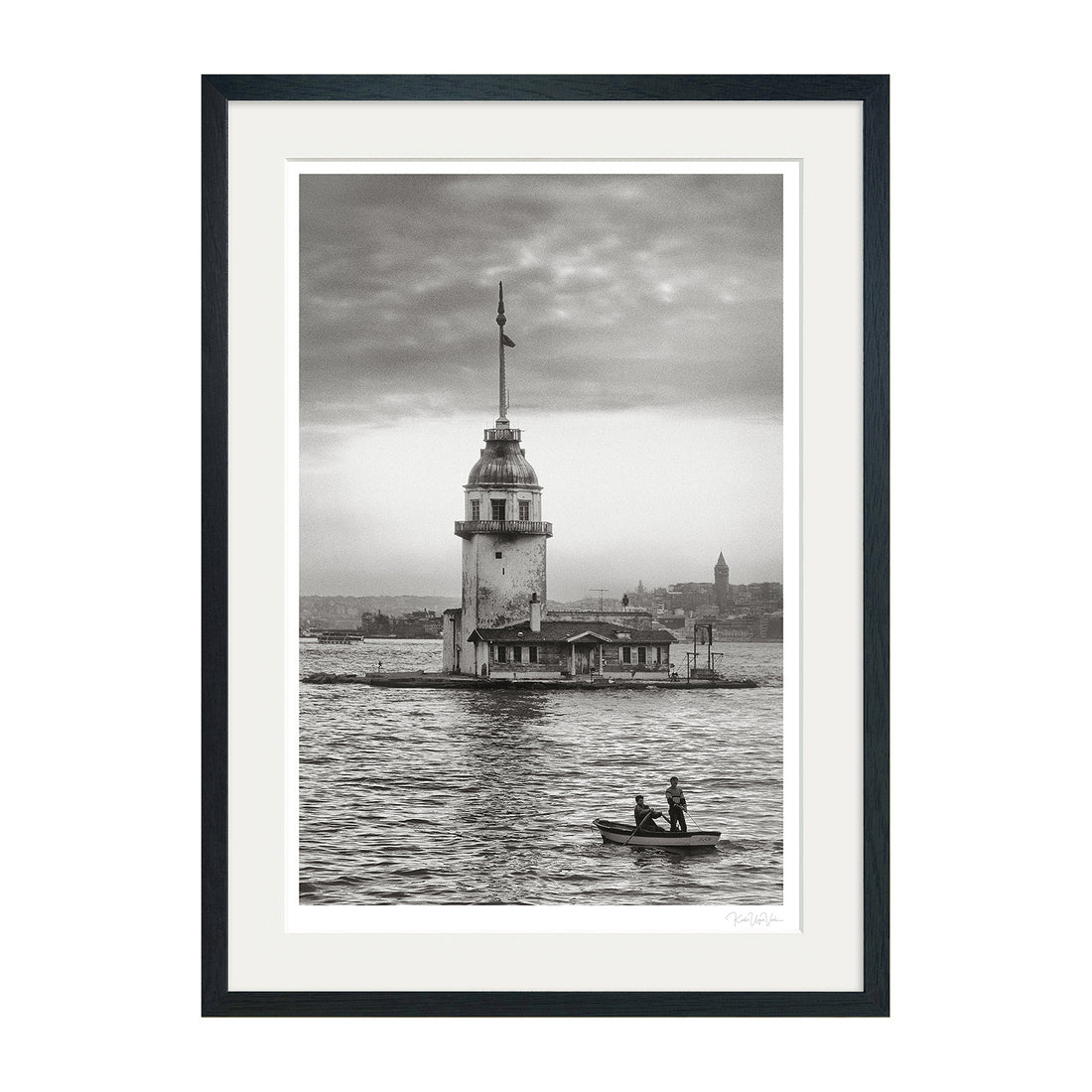 Black frame version of the Maiden’s Tower black and white art print with white passepartout