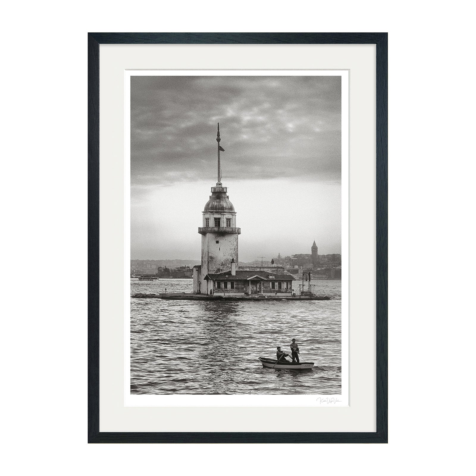 Black frame version of the Maiden’s Tower black and white art print with white passepartout