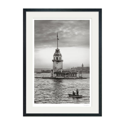 Black frame version of the Maiden’s Tower black and white art print with white passepartout