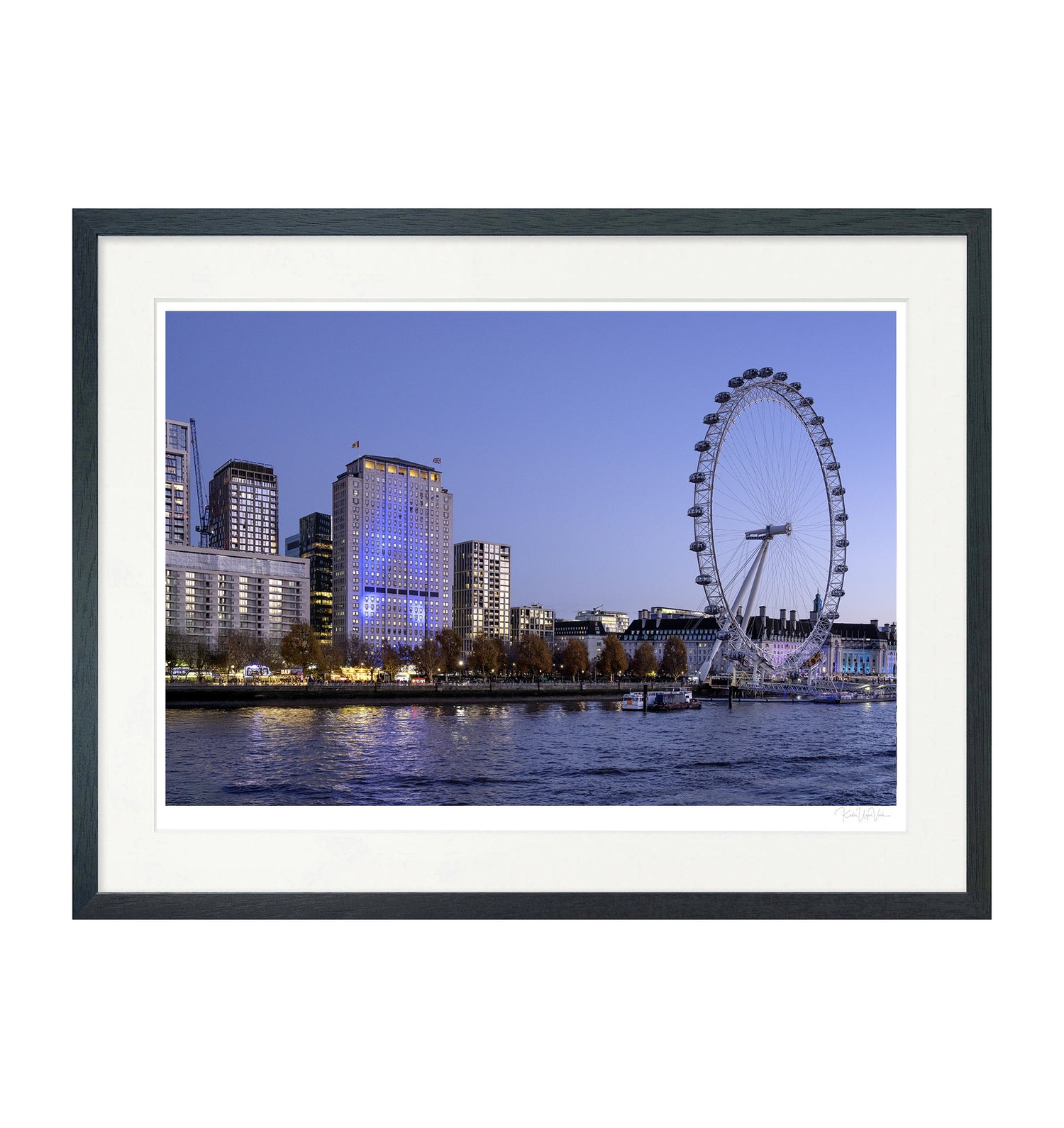 Framed wall art of the London Eye at dusk, printed on fine art paper with white mount and black wooden frame