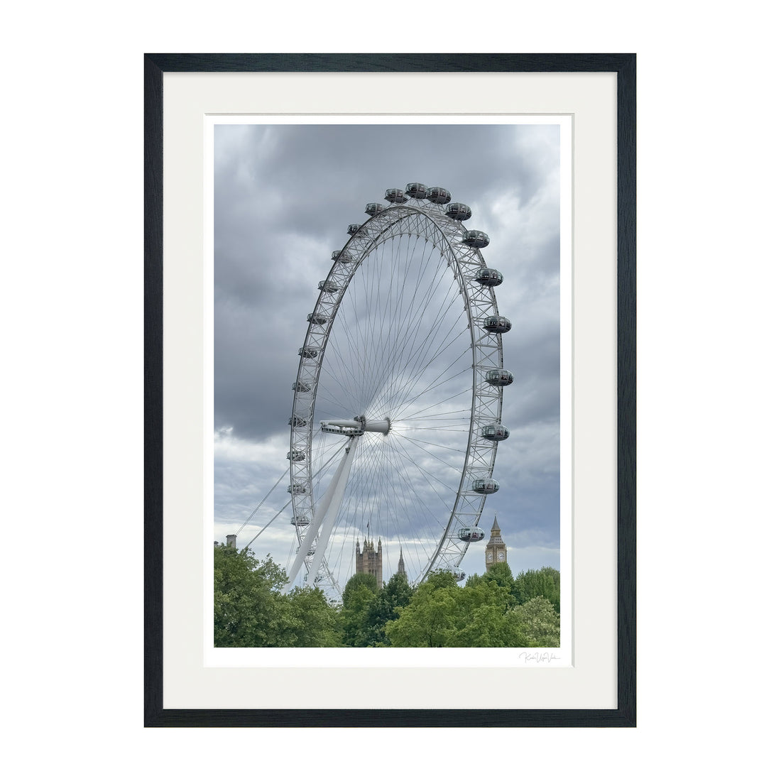 Framed wall art of London Eye with black wooden frame and white mount, museum-quality giclée print