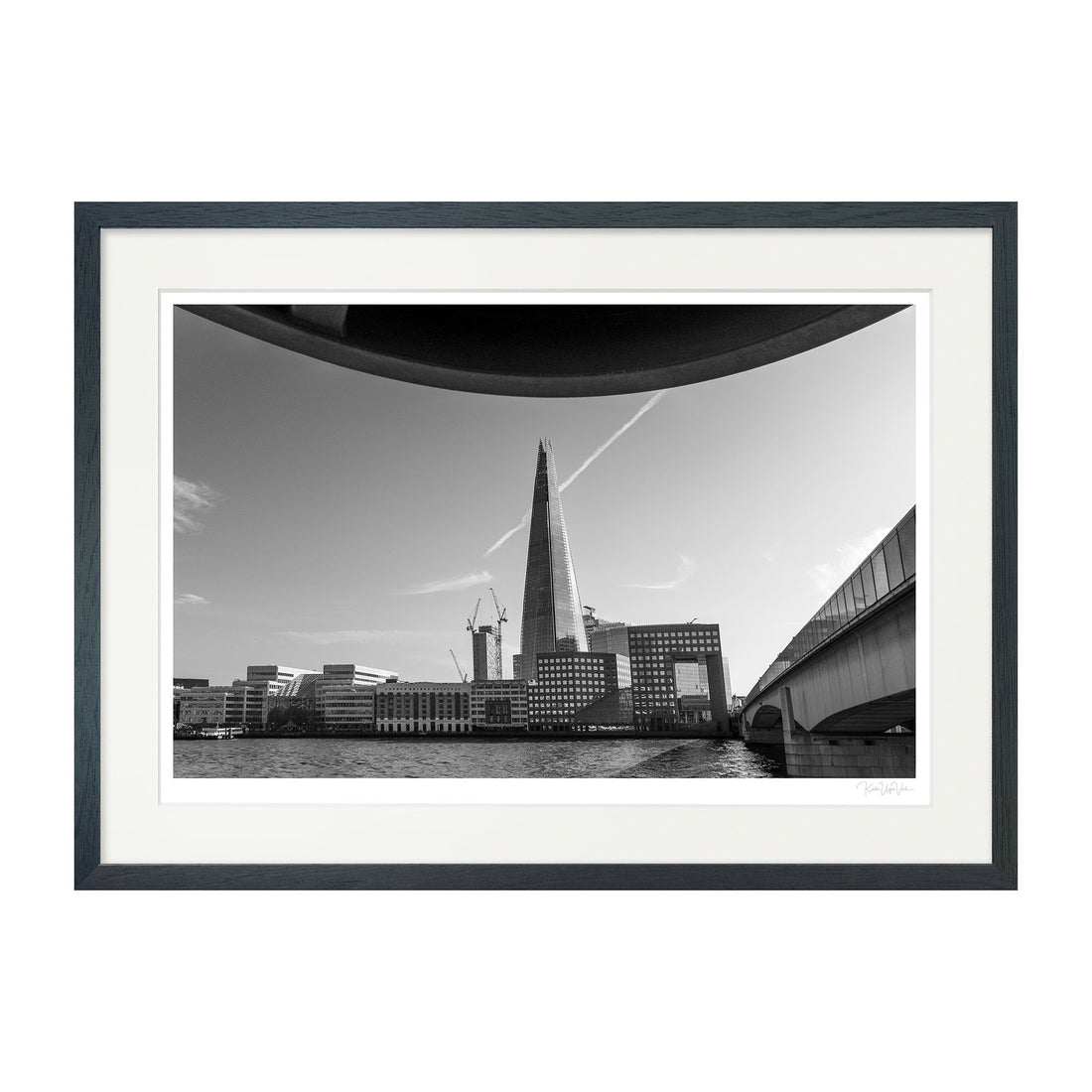 Framed black and white fine art photograph of The Shard in London, printed on Hahnemühle archival paper with museum mount.